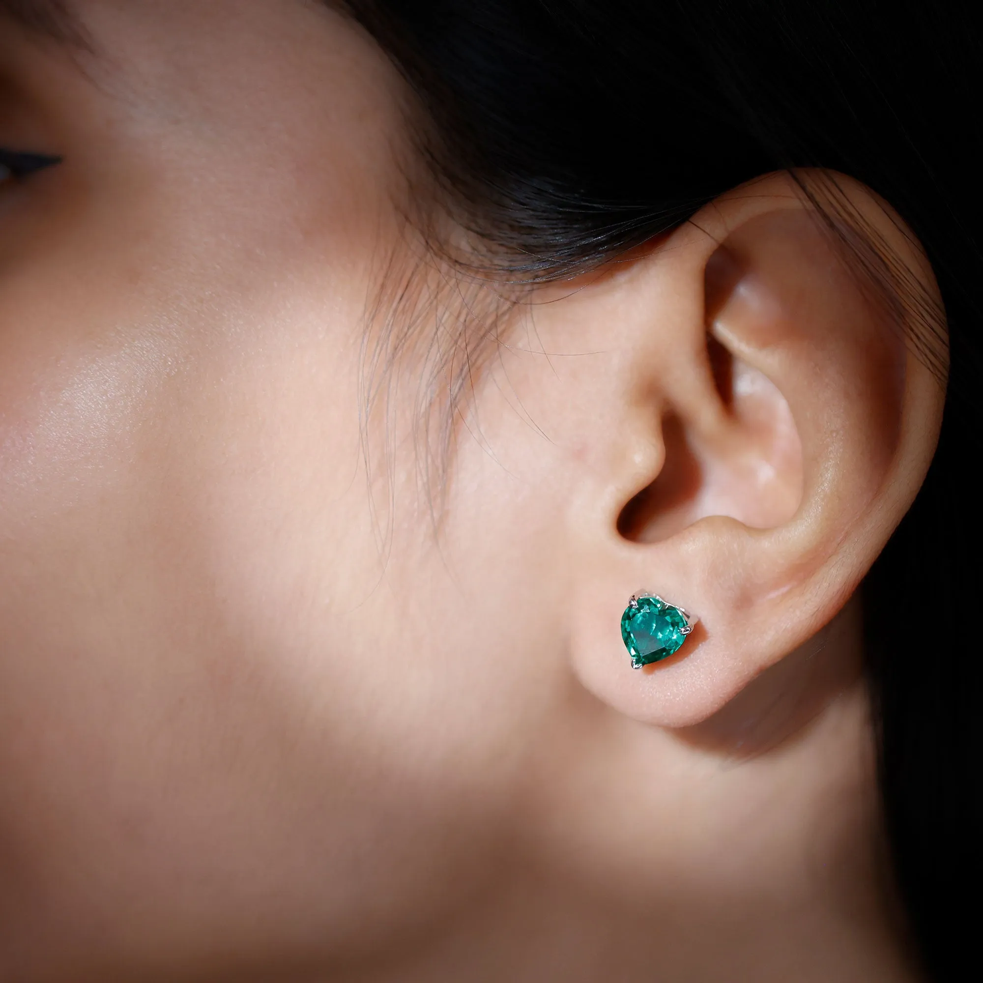 7 MM Heart Shape Created Emerald Solitaire Stud Earrings in Gold