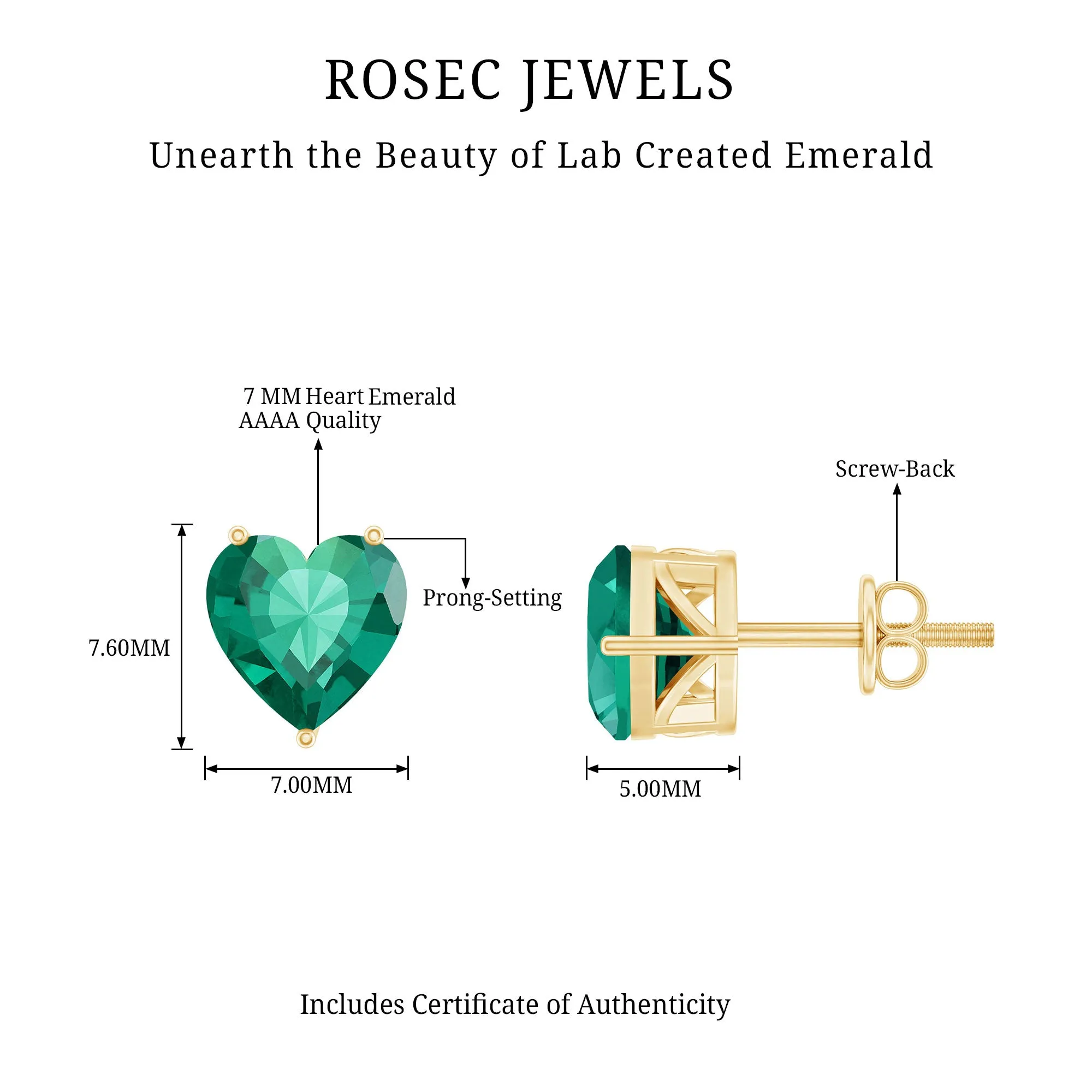 7 MM Heart Shape Created Emerald Solitaire Stud Earrings in Gold