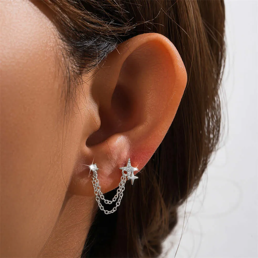 925 Silver Double Star Tassel Earrings CZ Diamond