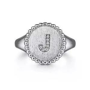 925 Sterling Silver Diamond Initial J Signet Ring