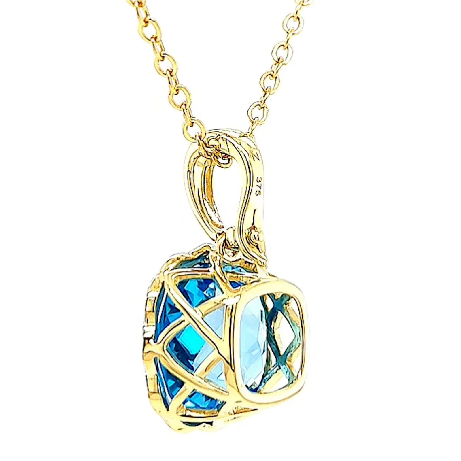 9ct Two Tone Gold Cushion & Round Brilliant Cut Blue Topaz & Diamond Set Pendant