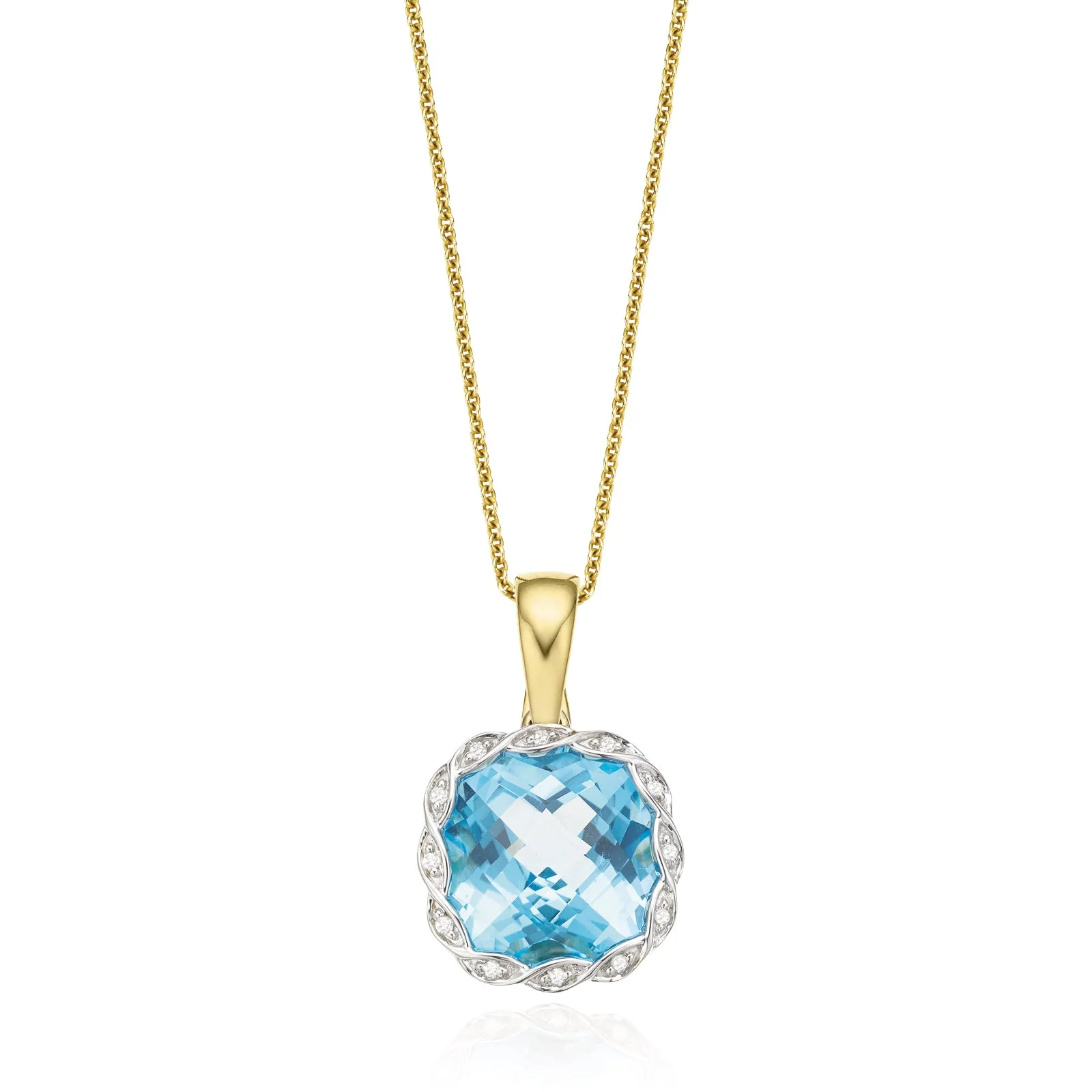 9ct Two Tone Gold Cushion & Round Brilliant Cut Blue Topaz & Diamond Set Pendant