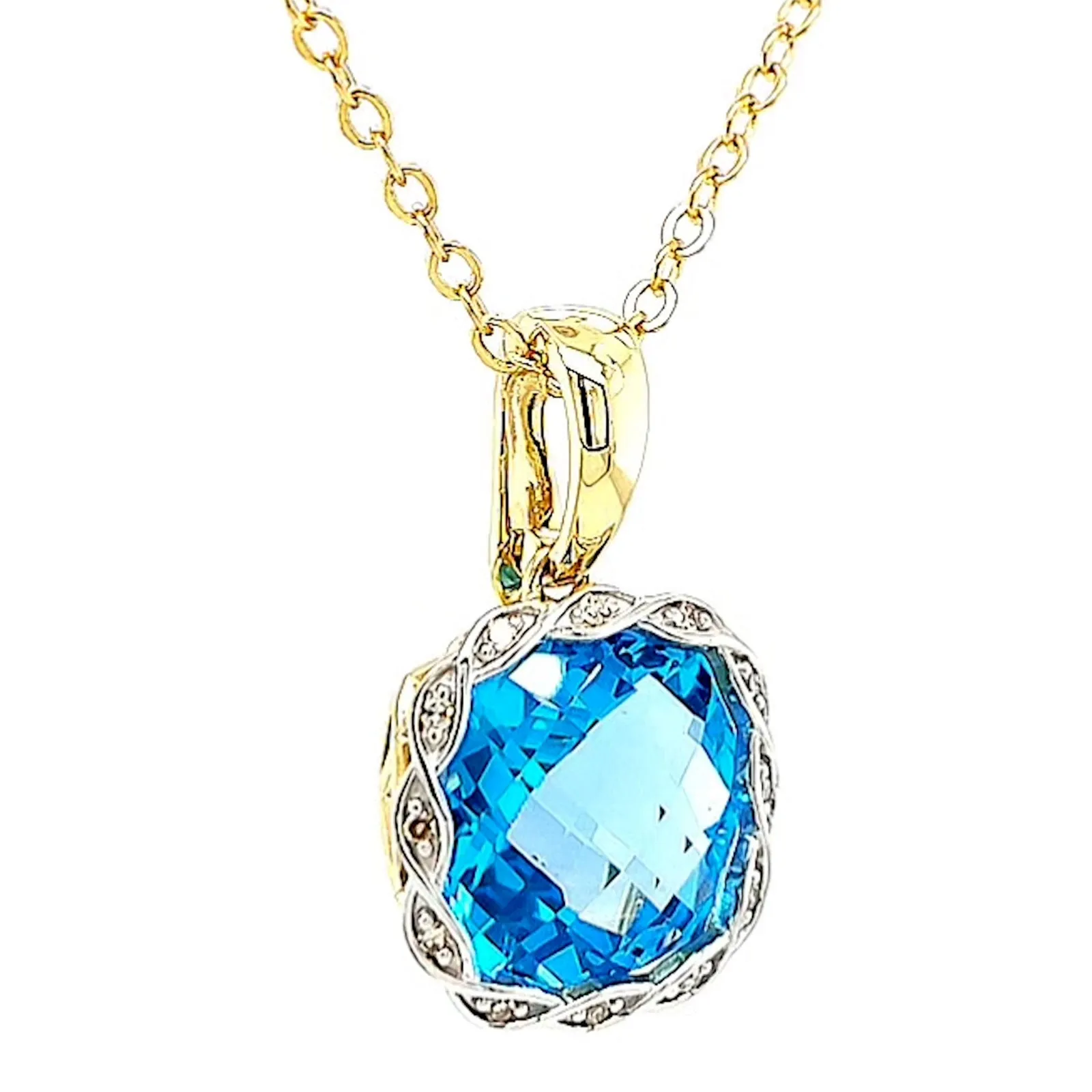 9ct Two Tone Gold Cushion & Round Brilliant Cut Blue Topaz & Diamond Set Pendant