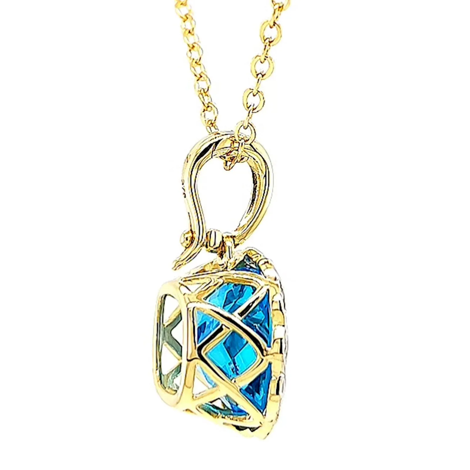 9ct Two Tone Gold Cushion & Round Brilliant Cut Blue Topaz & Diamond Set Pendant