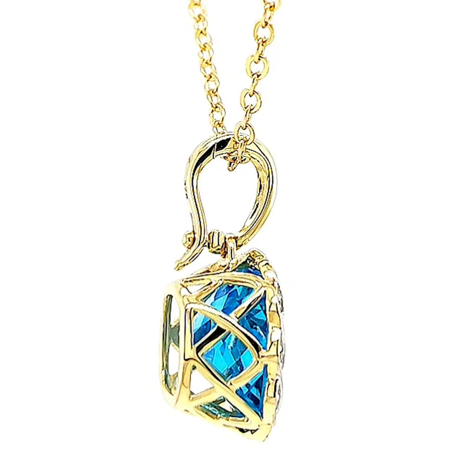 9ct Two Tone Gold Cushion & Round Brilliant Cut Blue Topaz & Diamond Set Pendant