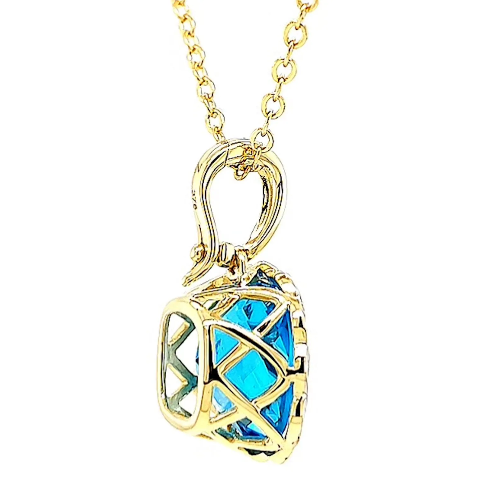 9ct Two Tone Gold Cushion & Round Brilliant Cut Blue Topaz & Diamond Set Pendant