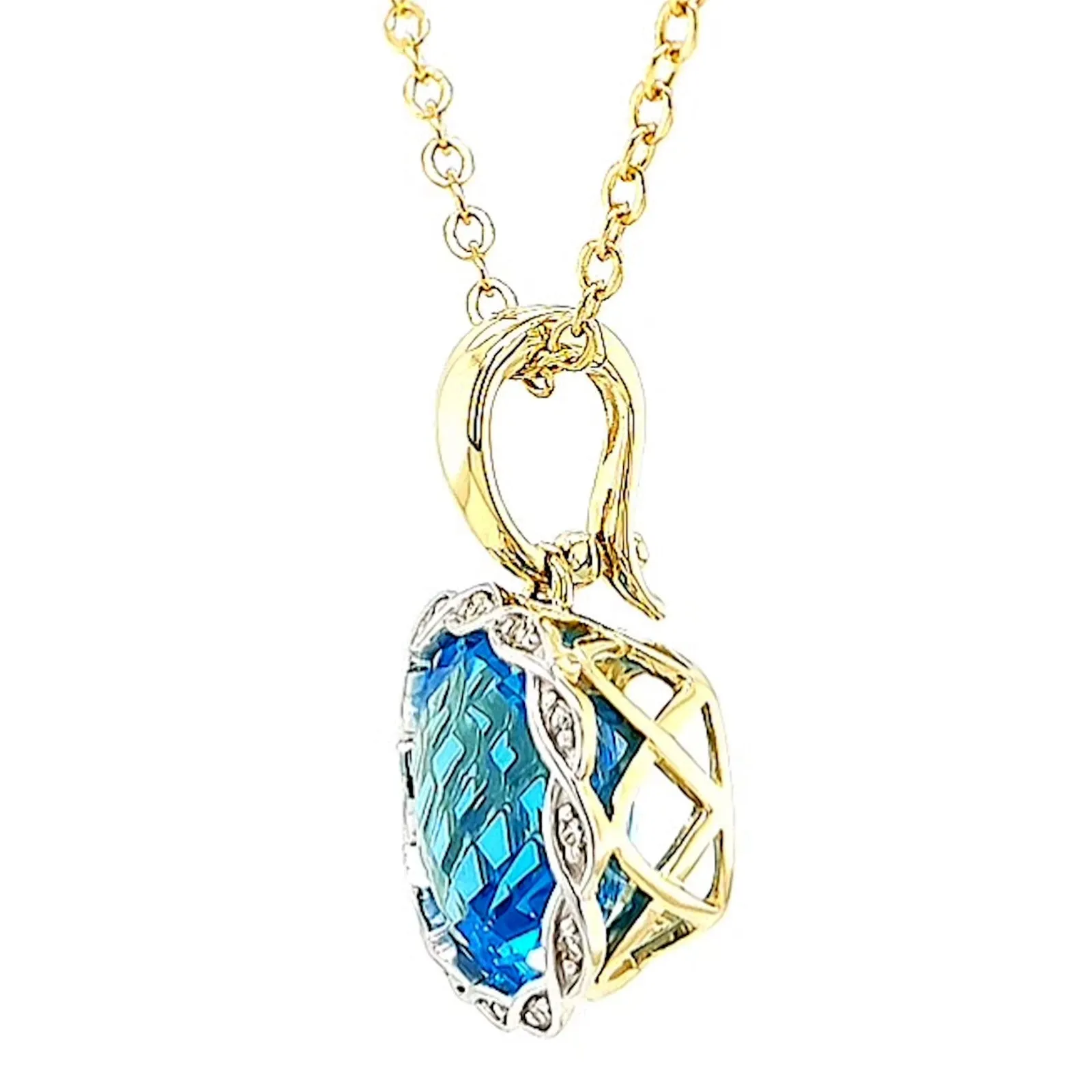 9ct Two Tone Gold Cushion & Round Brilliant Cut Blue Topaz & Diamond Set Pendant