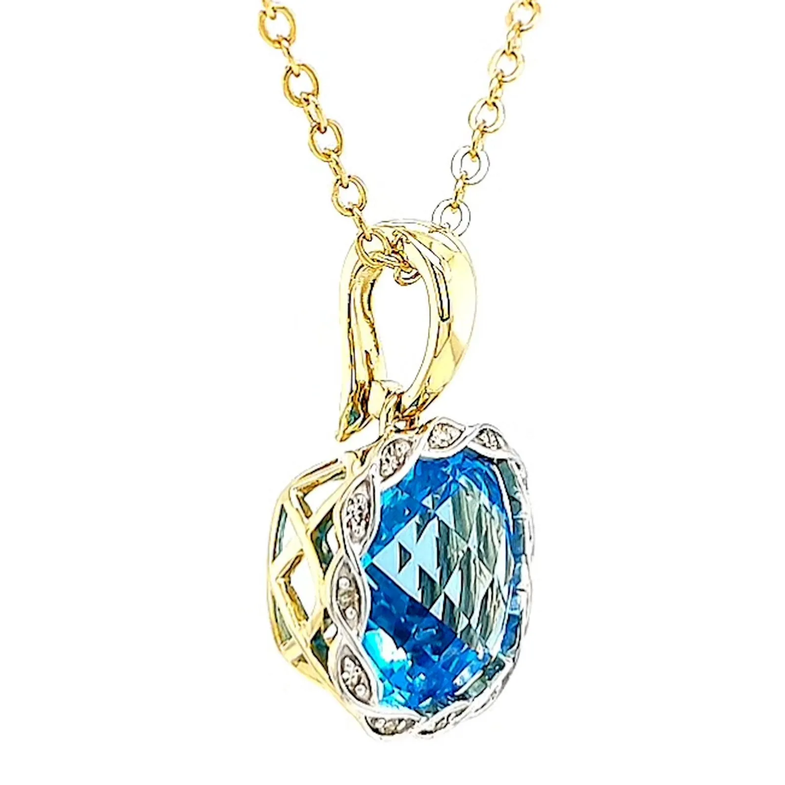 9ct Two Tone Gold Cushion & Round Brilliant Cut Blue Topaz & Diamond Set Pendant