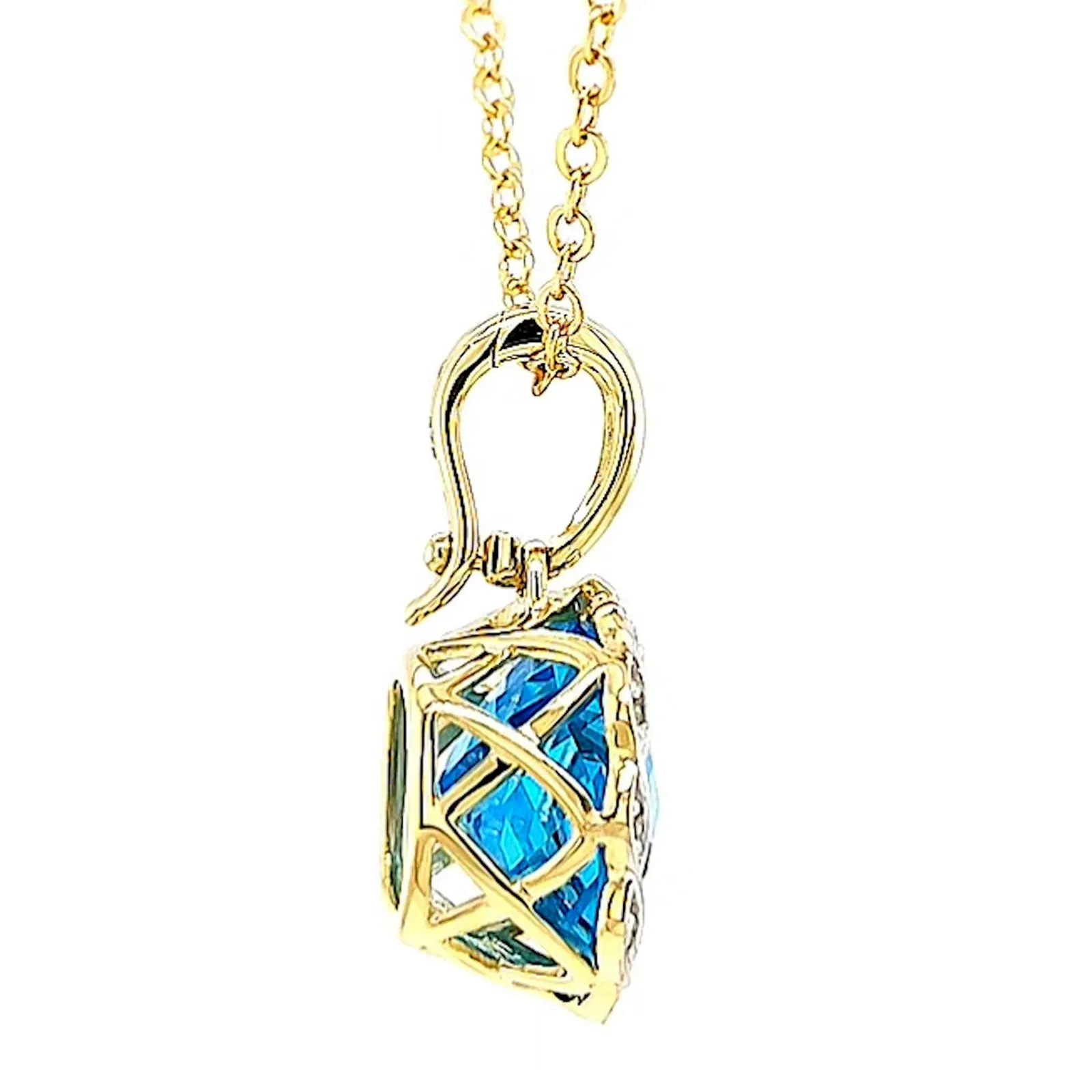 9ct Two Tone Gold Cushion & Round Brilliant Cut Blue Topaz & Diamond Set Pendant