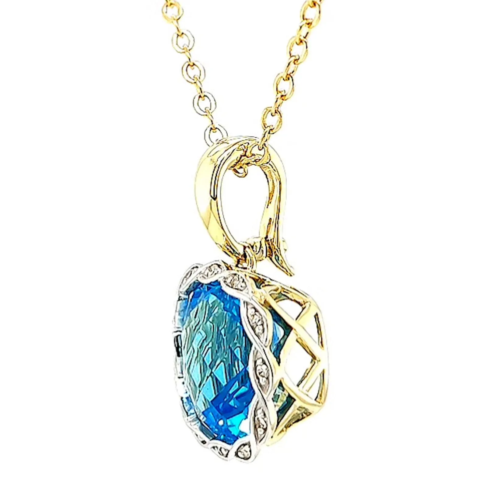 9ct Two Tone Gold Cushion & Round Brilliant Cut Blue Topaz & Diamond Set Pendant