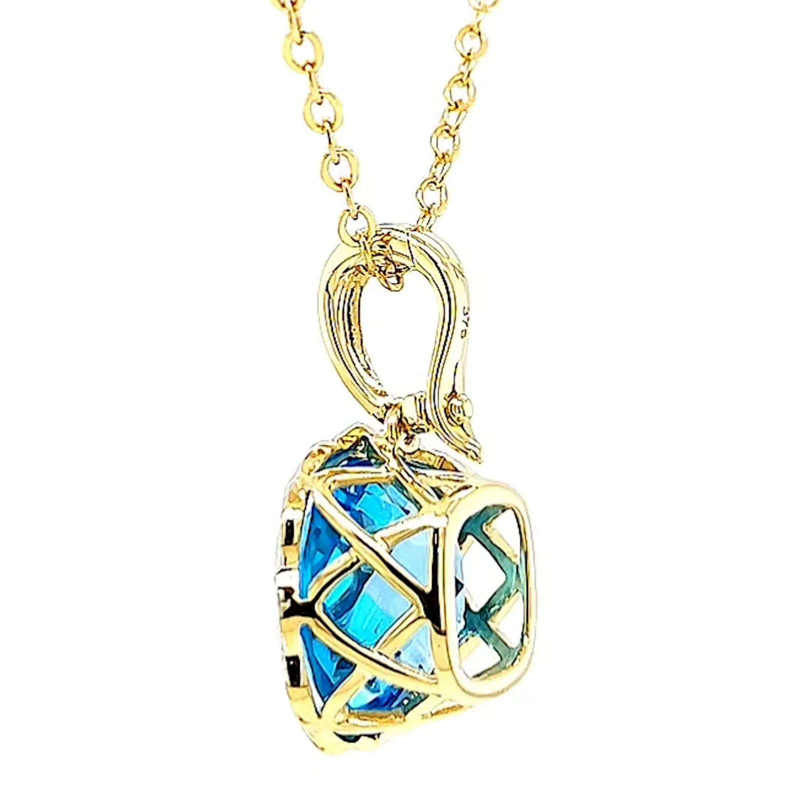 9ct Two Tone Gold Cushion & Round Brilliant Cut Blue Topaz & Diamond Set Pendant