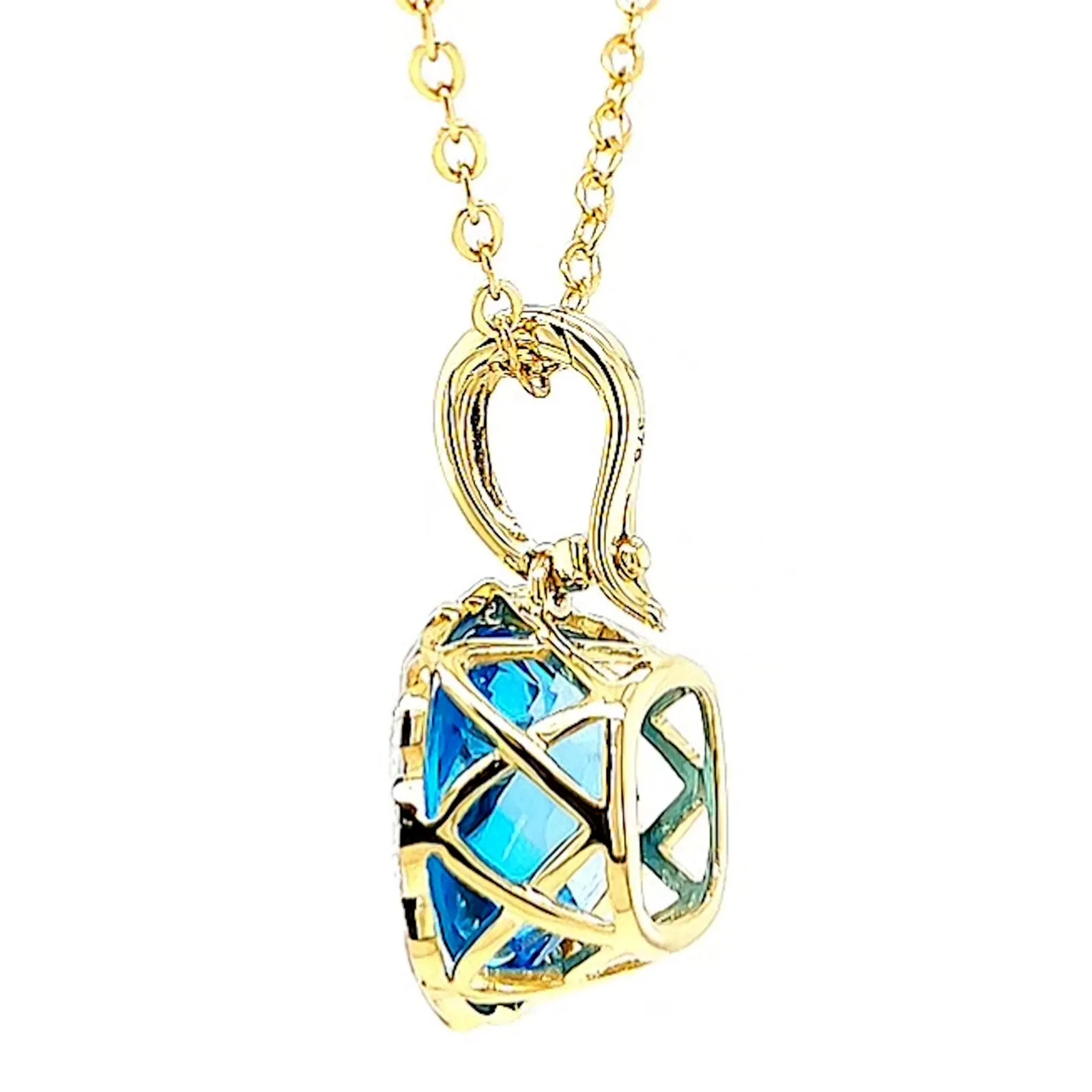 9ct Two Tone Gold Cushion & Round Brilliant Cut Blue Topaz & Diamond Set Pendant