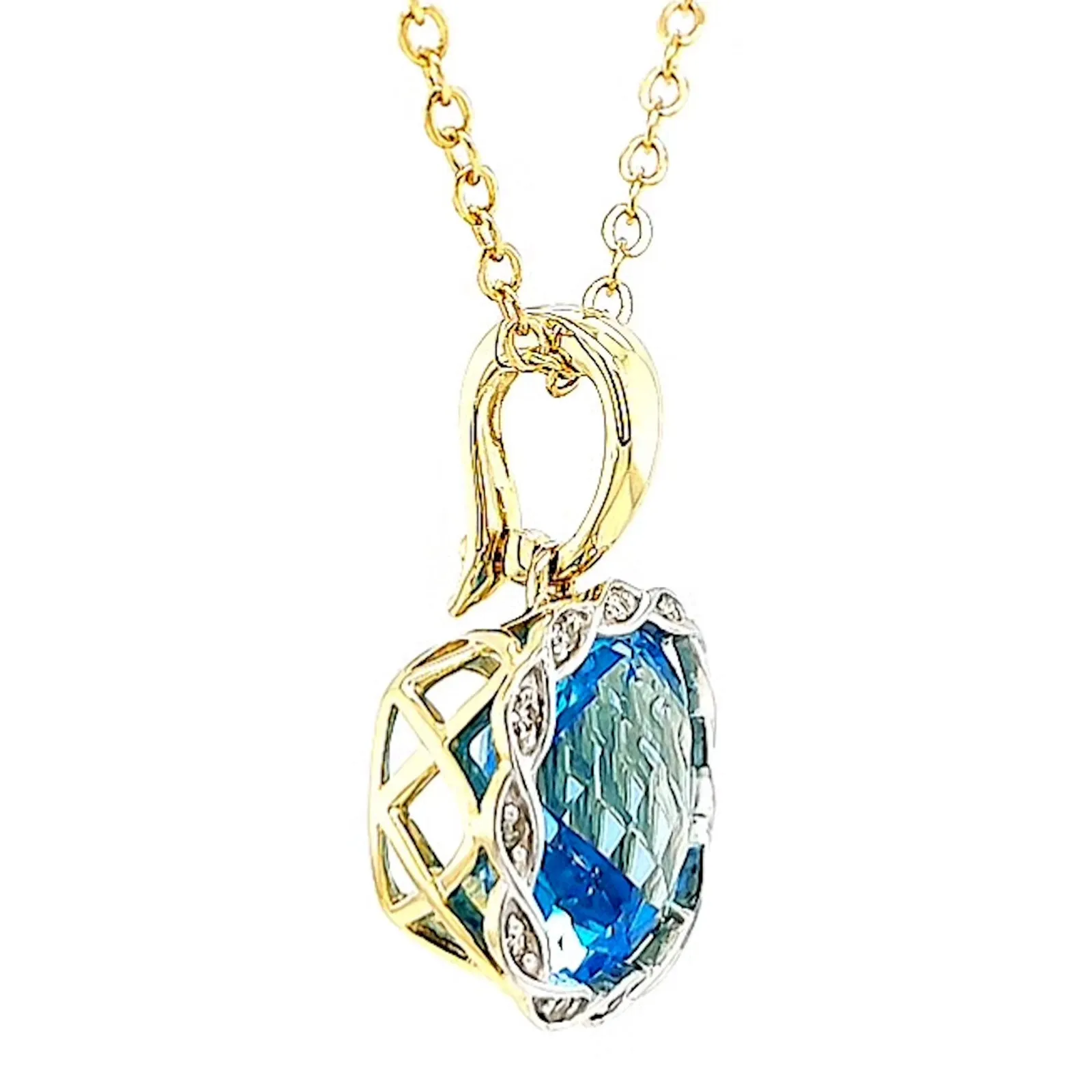 9ct Two Tone Gold Cushion & Round Brilliant Cut Blue Topaz & Diamond Set Pendant