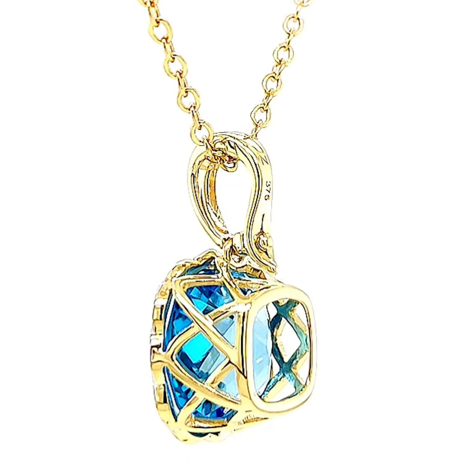 9ct Two Tone Gold Cushion & Round Brilliant Cut Blue Topaz & Diamond Set Pendant