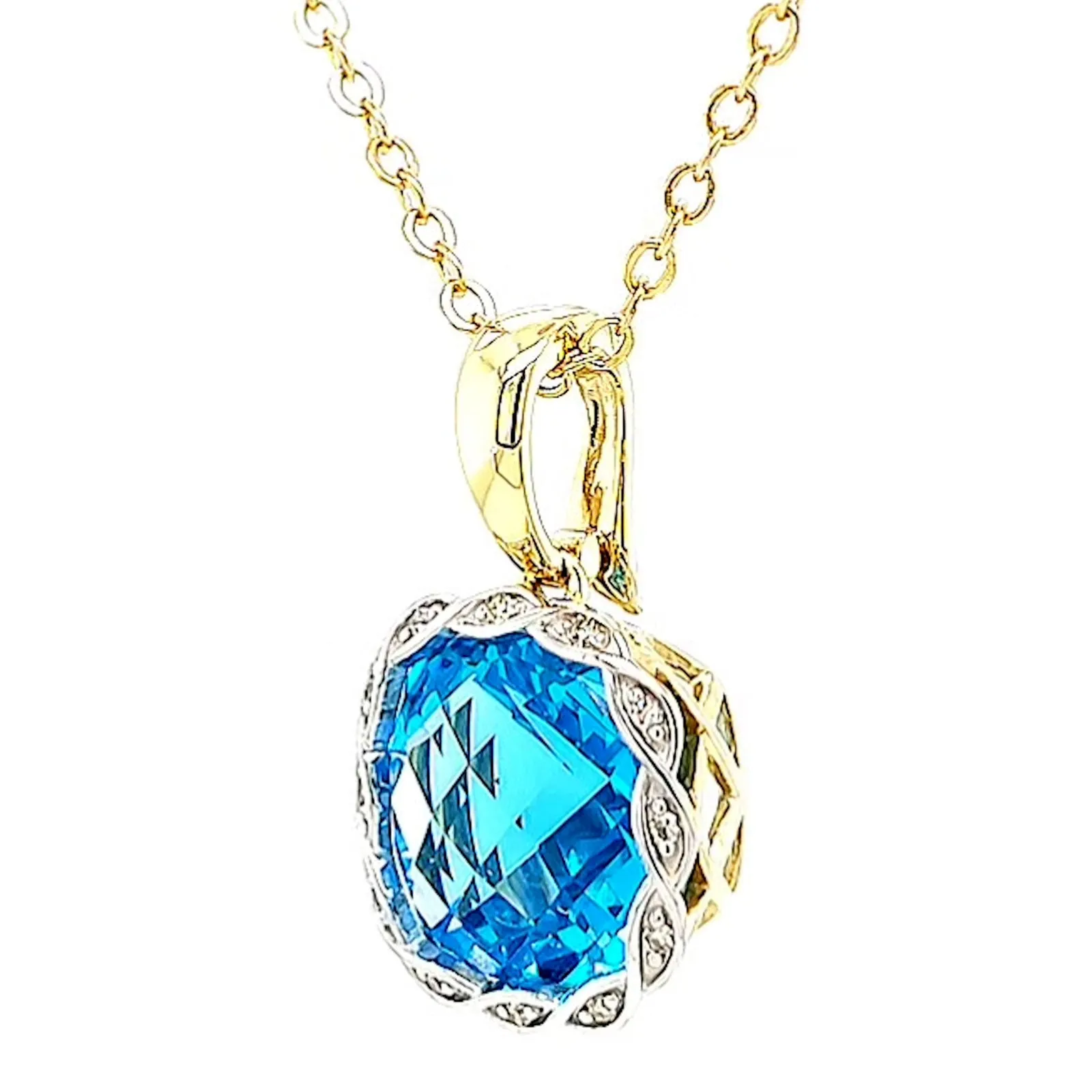 9ct Two Tone Gold Cushion & Round Brilliant Cut Blue Topaz & Diamond Set Pendant