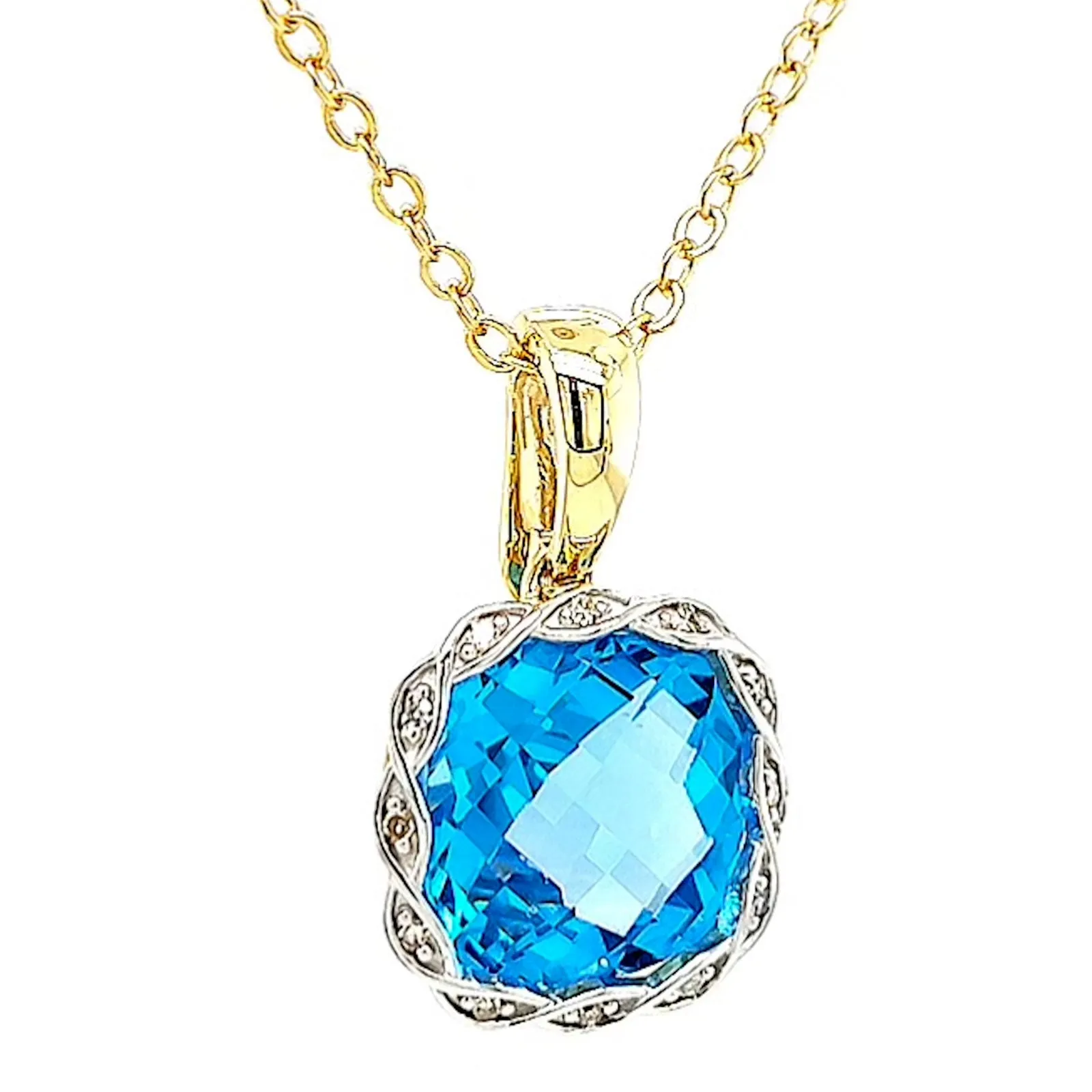 9ct Two Tone Gold Cushion & Round Brilliant Cut Blue Topaz & Diamond Set Pendant