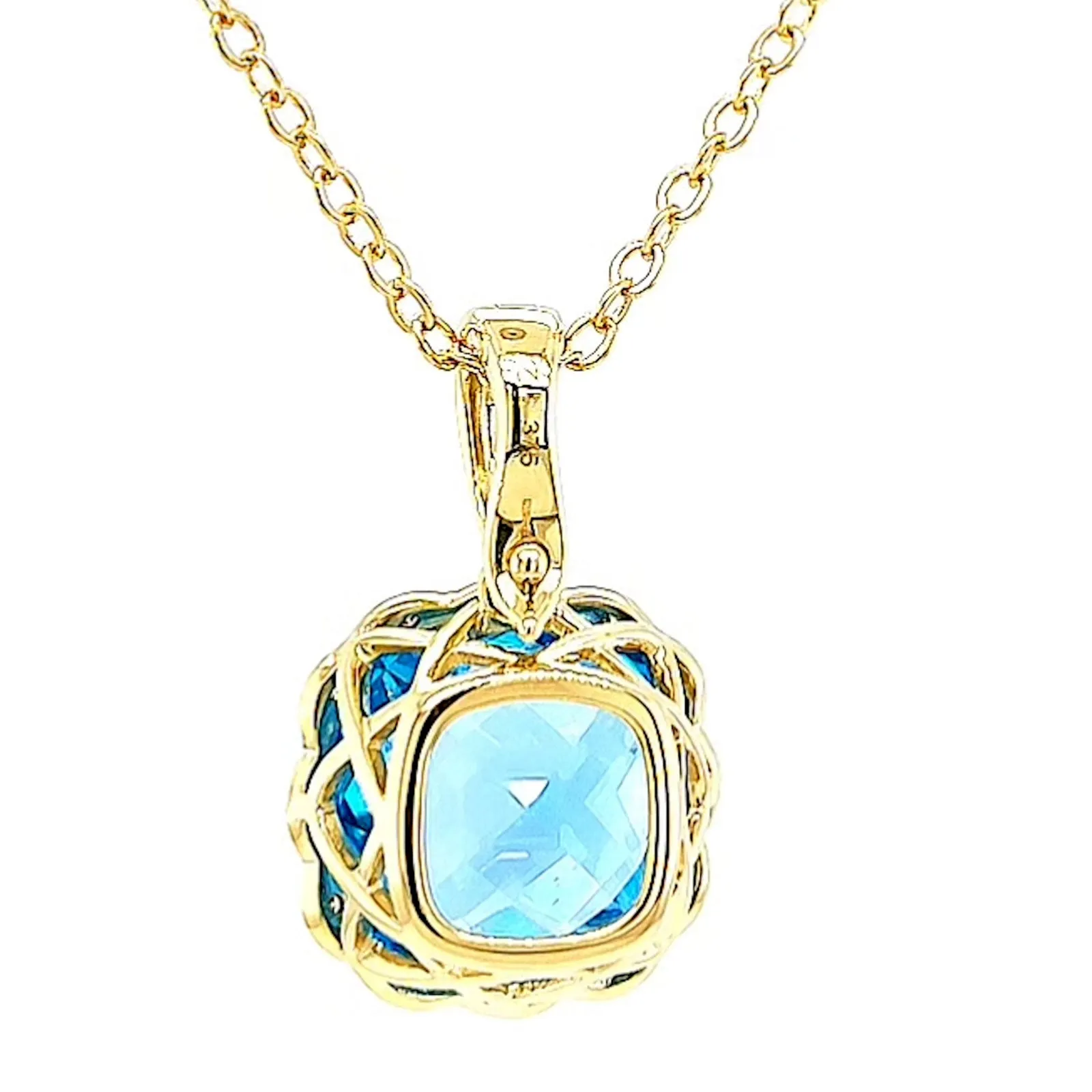 9ct Two Tone Gold Cushion & Round Brilliant Cut Blue Topaz & Diamond Set Pendant