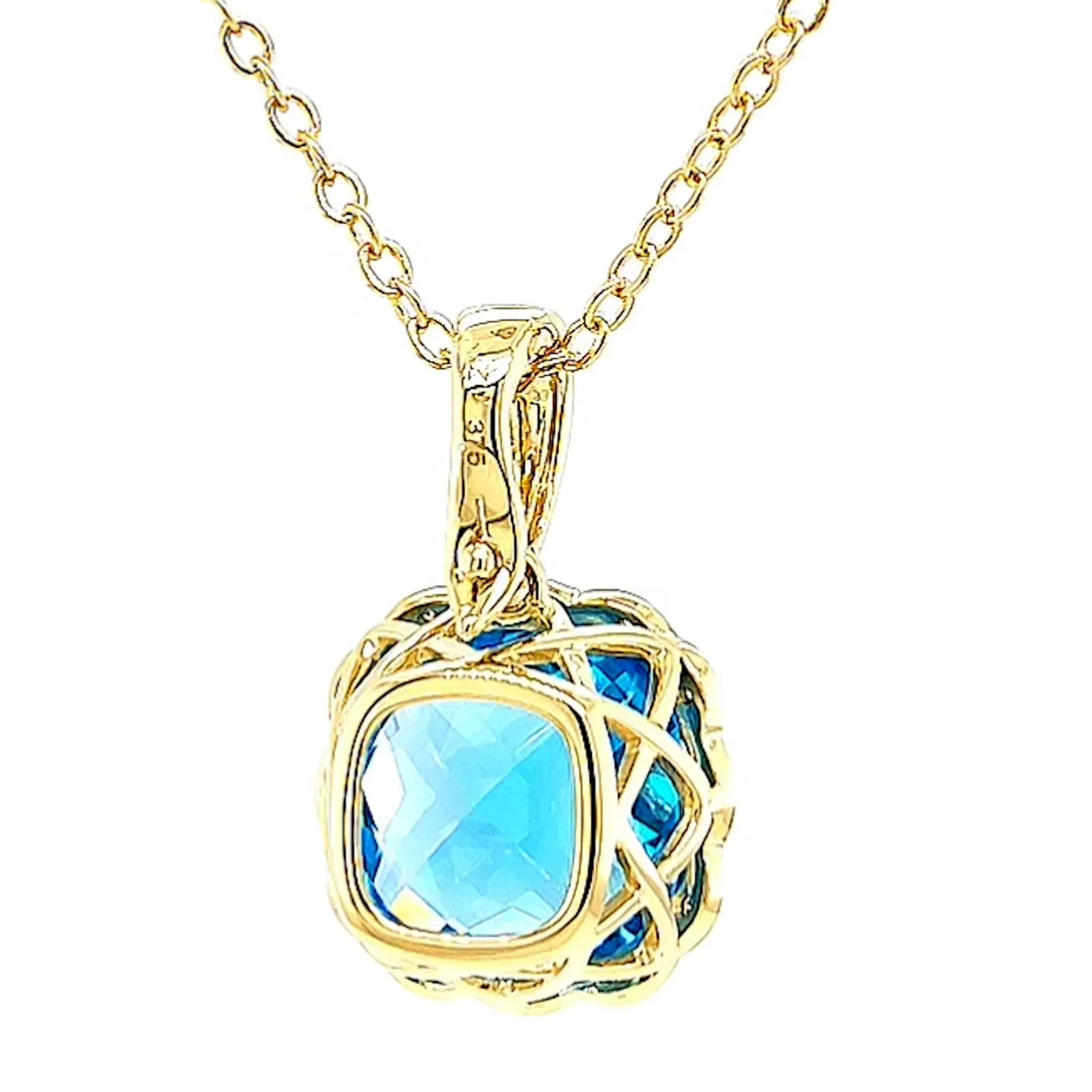 9ct Two Tone Gold Cushion & Round Brilliant Cut Blue Topaz & Diamond Set Pendant