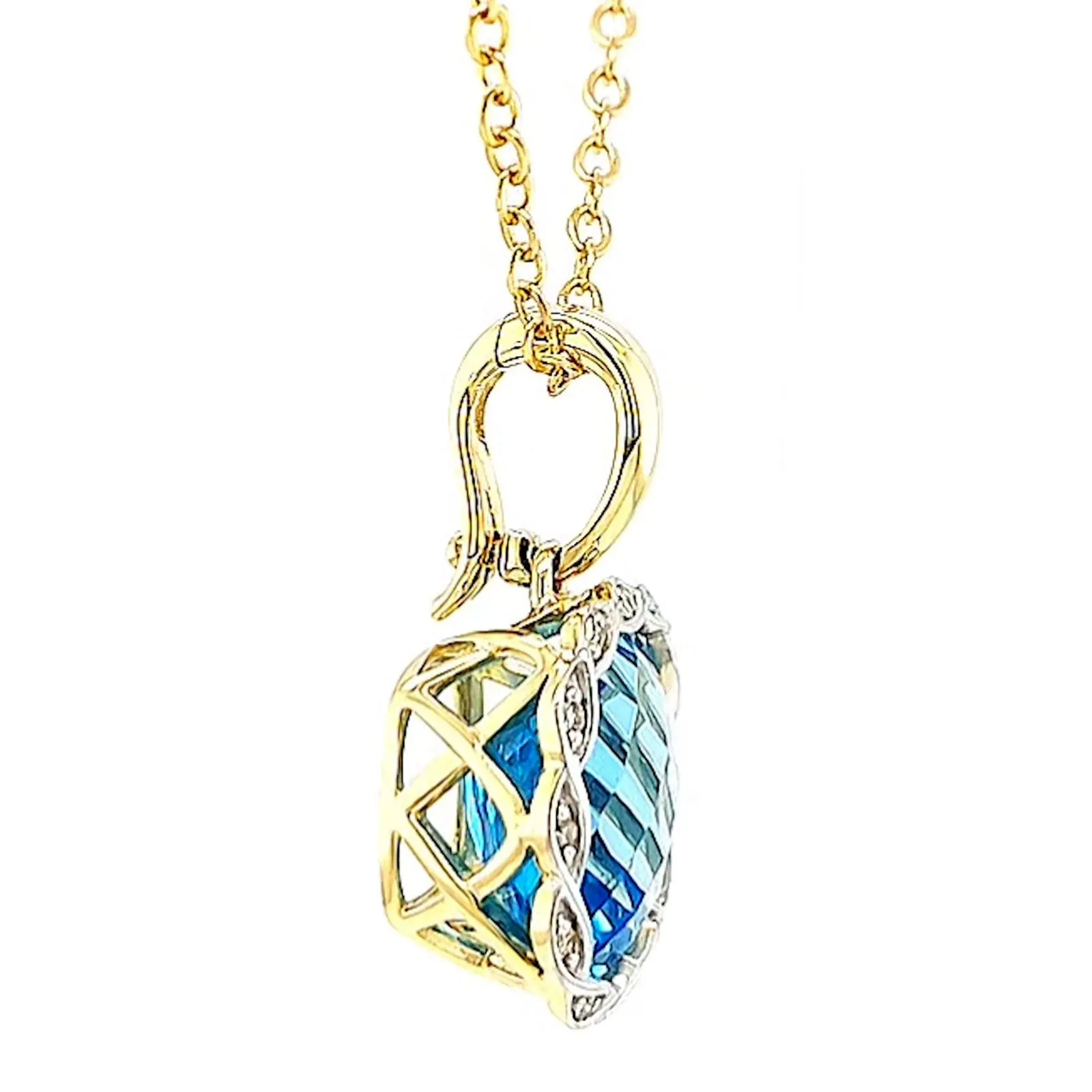 9ct Two Tone Gold Cushion & Round Brilliant Cut Blue Topaz & Diamond Set Pendant