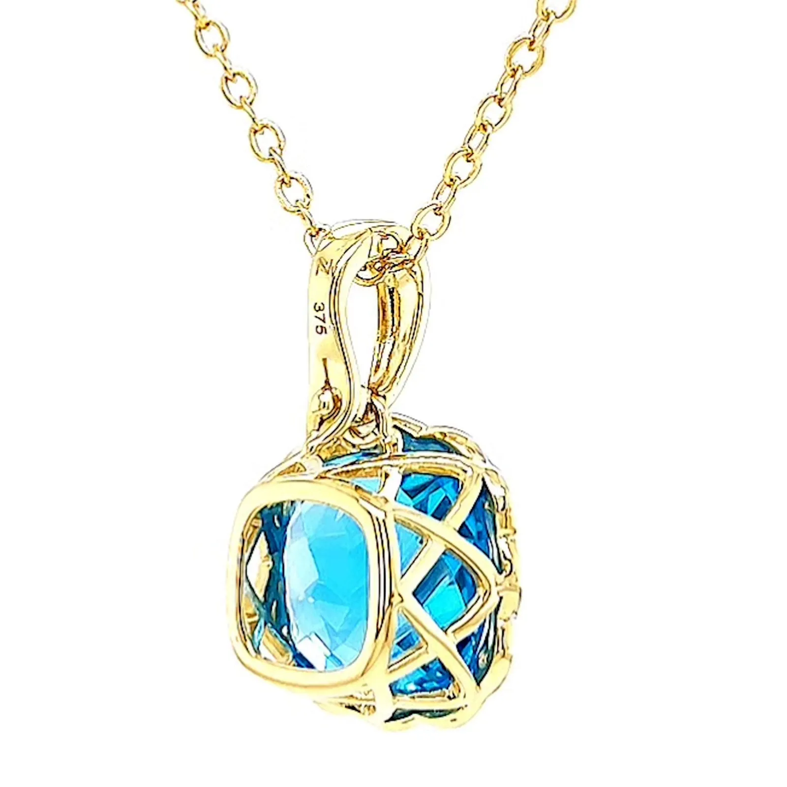 9ct Two Tone Gold Cushion & Round Brilliant Cut Blue Topaz & Diamond Set Pendant