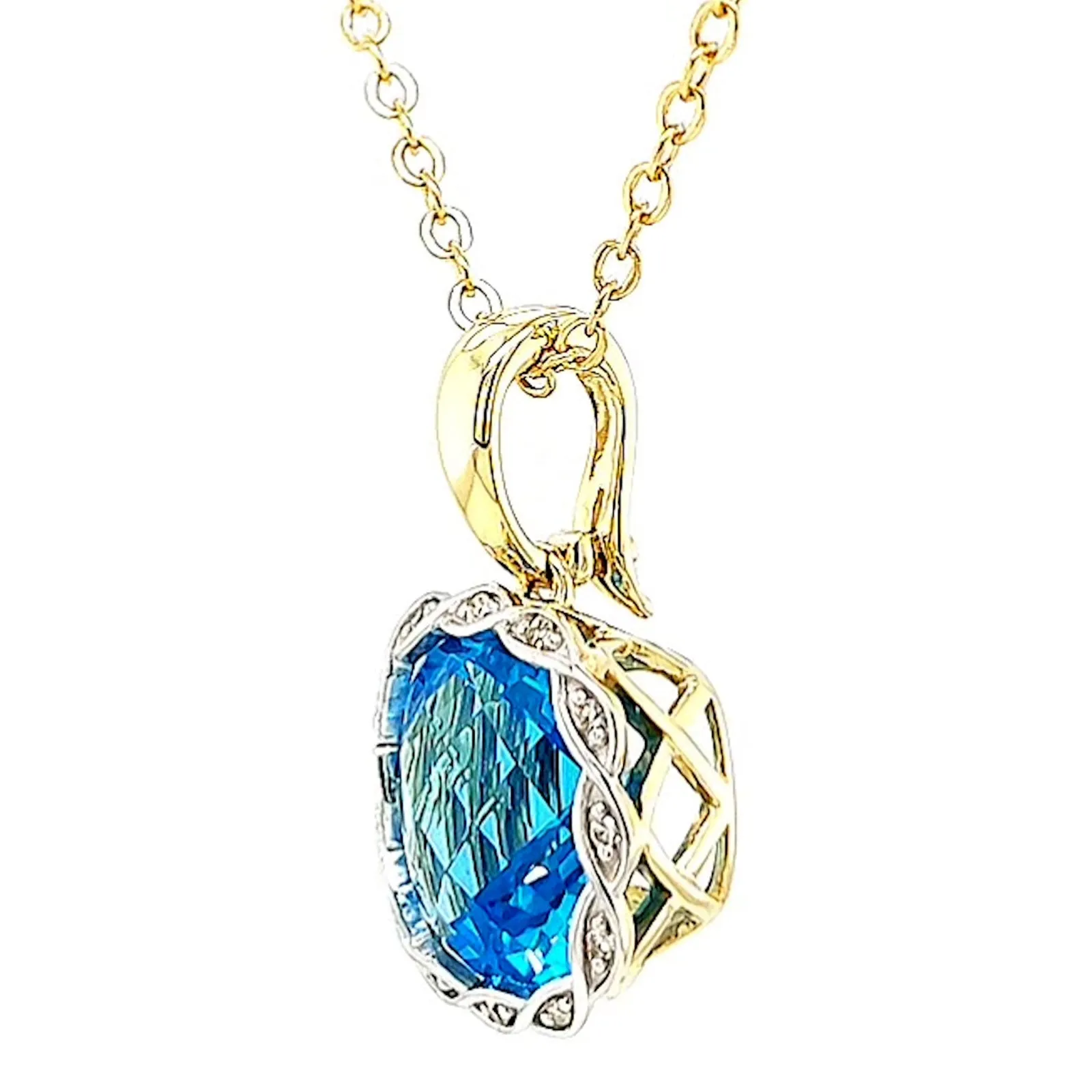 9ct Two Tone Gold Cushion & Round Brilliant Cut Blue Topaz & Diamond Set Pendant