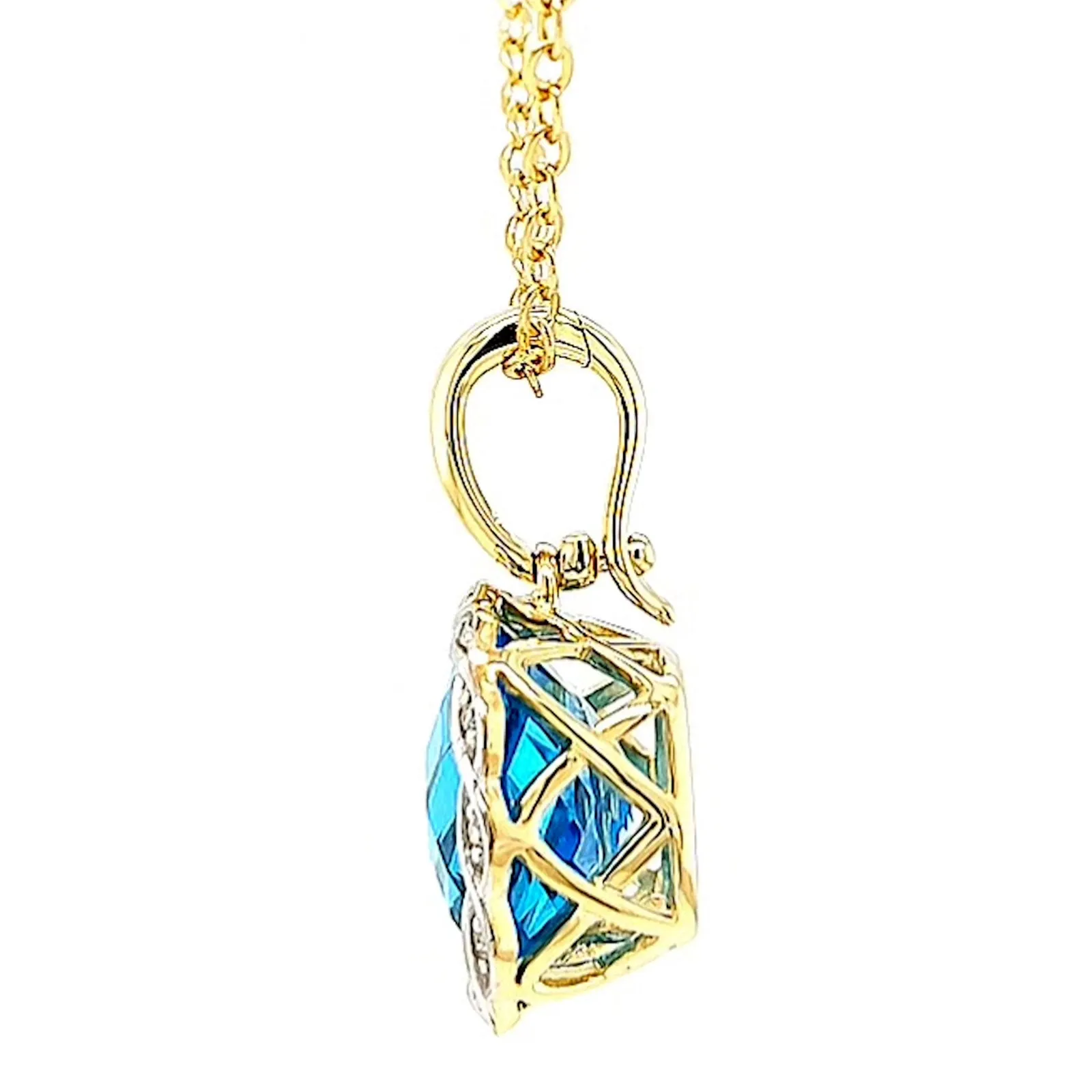 9ct Two Tone Gold Cushion & Round Brilliant Cut Blue Topaz & Diamond Set Pendant