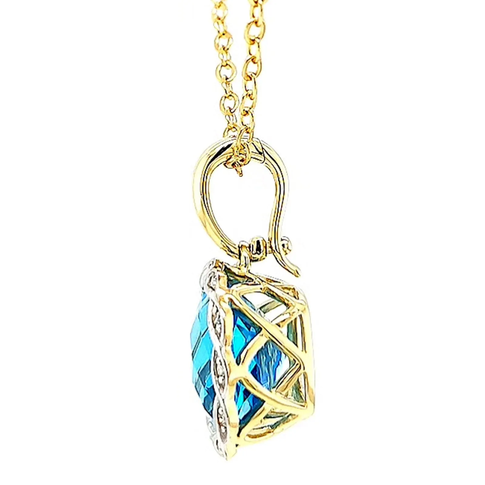 9ct Two Tone Gold Cushion & Round Brilliant Cut Blue Topaz & Diamond Set Pendant