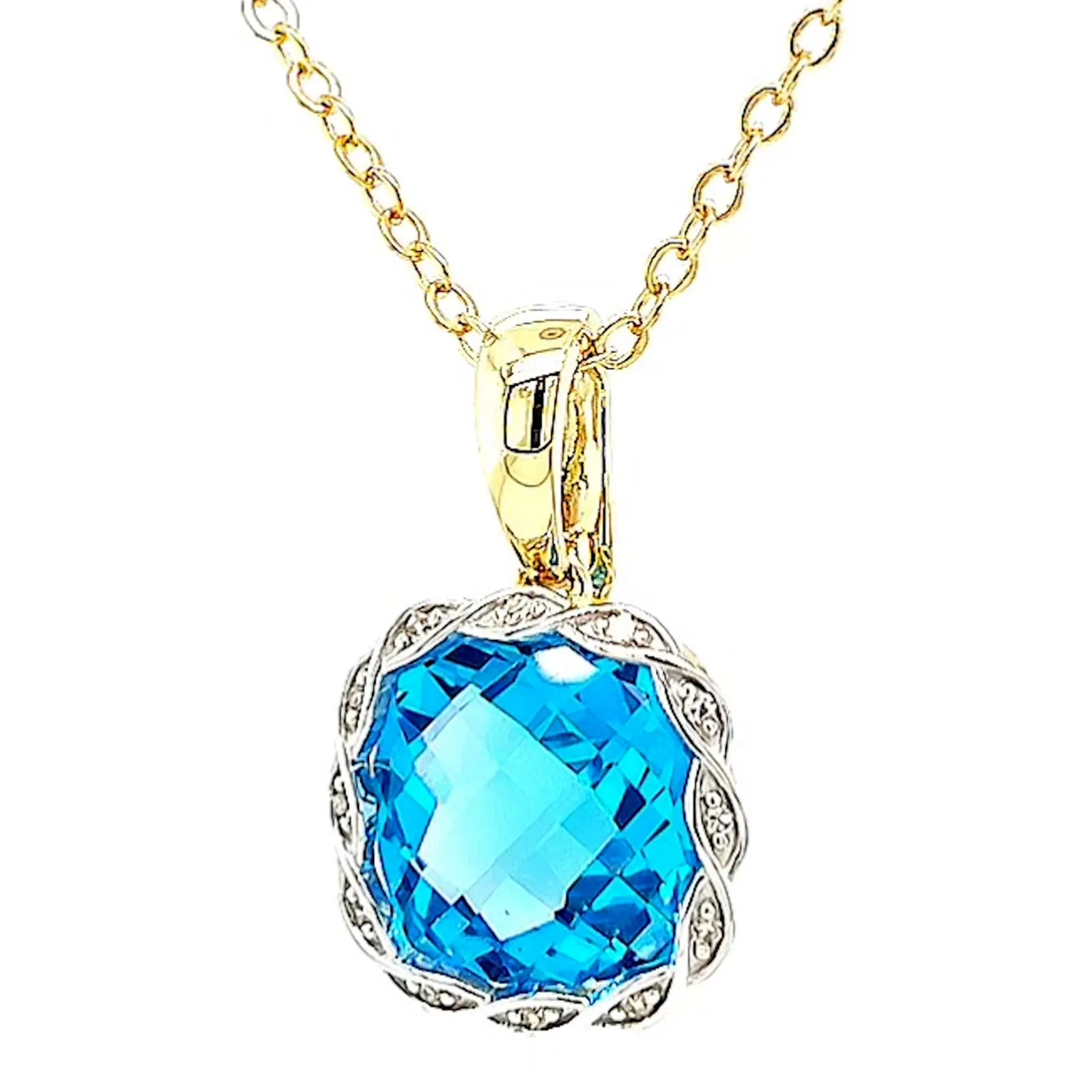 9ct Two Tone Gold Cushion & Round Brilliant Cut Blue Topaz & Diamond Set Pendant