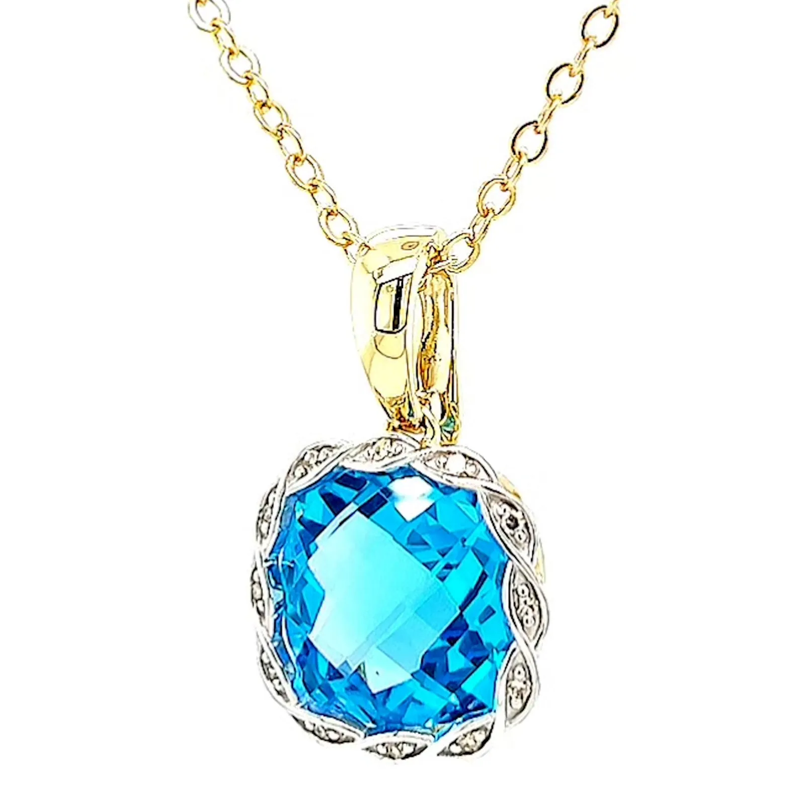 9ct Two Tone Gold Cushion & Round Brilliant Cut Blue Topaz & Diamond Set Pendant