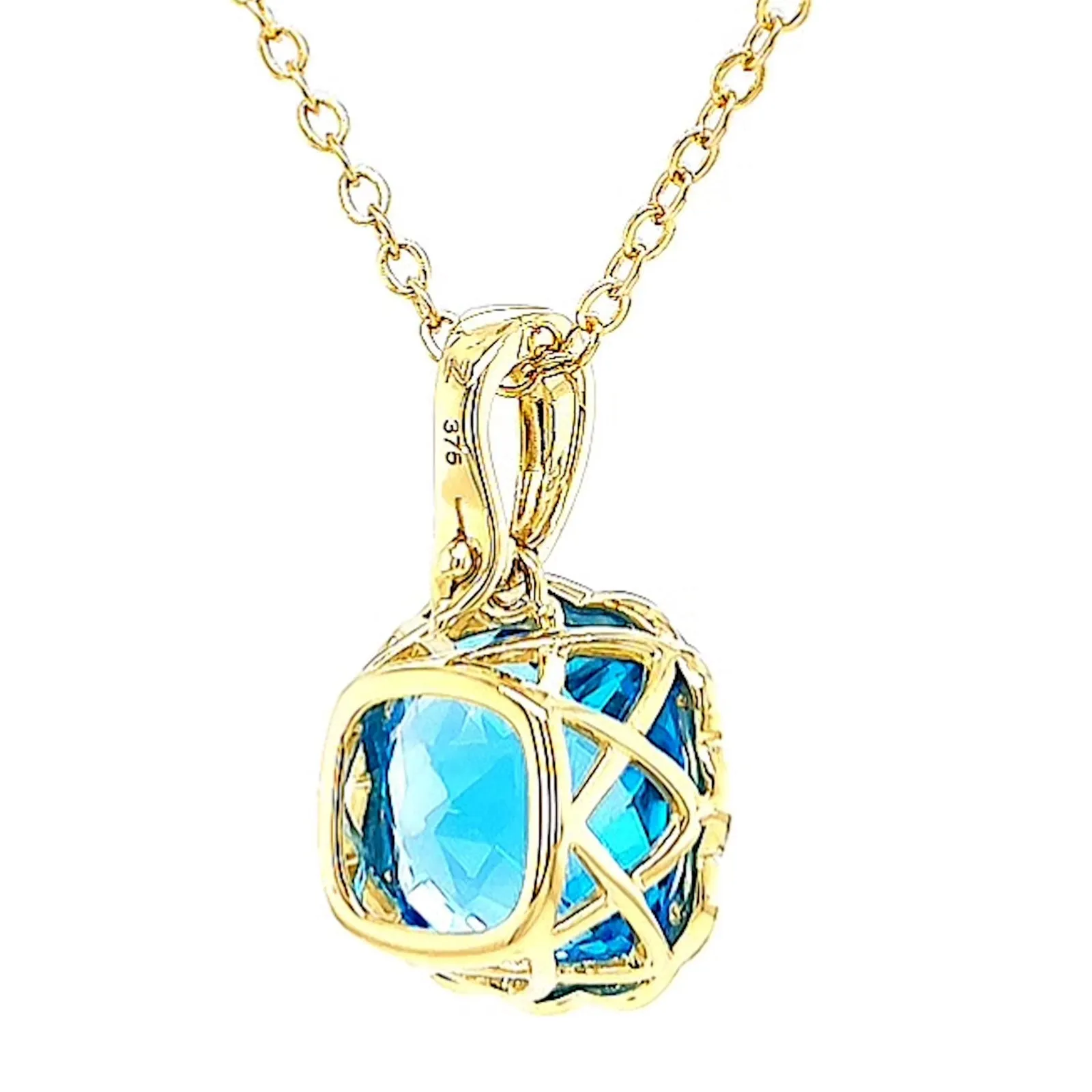 9ct Two Tone Gold Cushion & Round Brilliant Cut Blue Topaz & Diamond Set Pendant