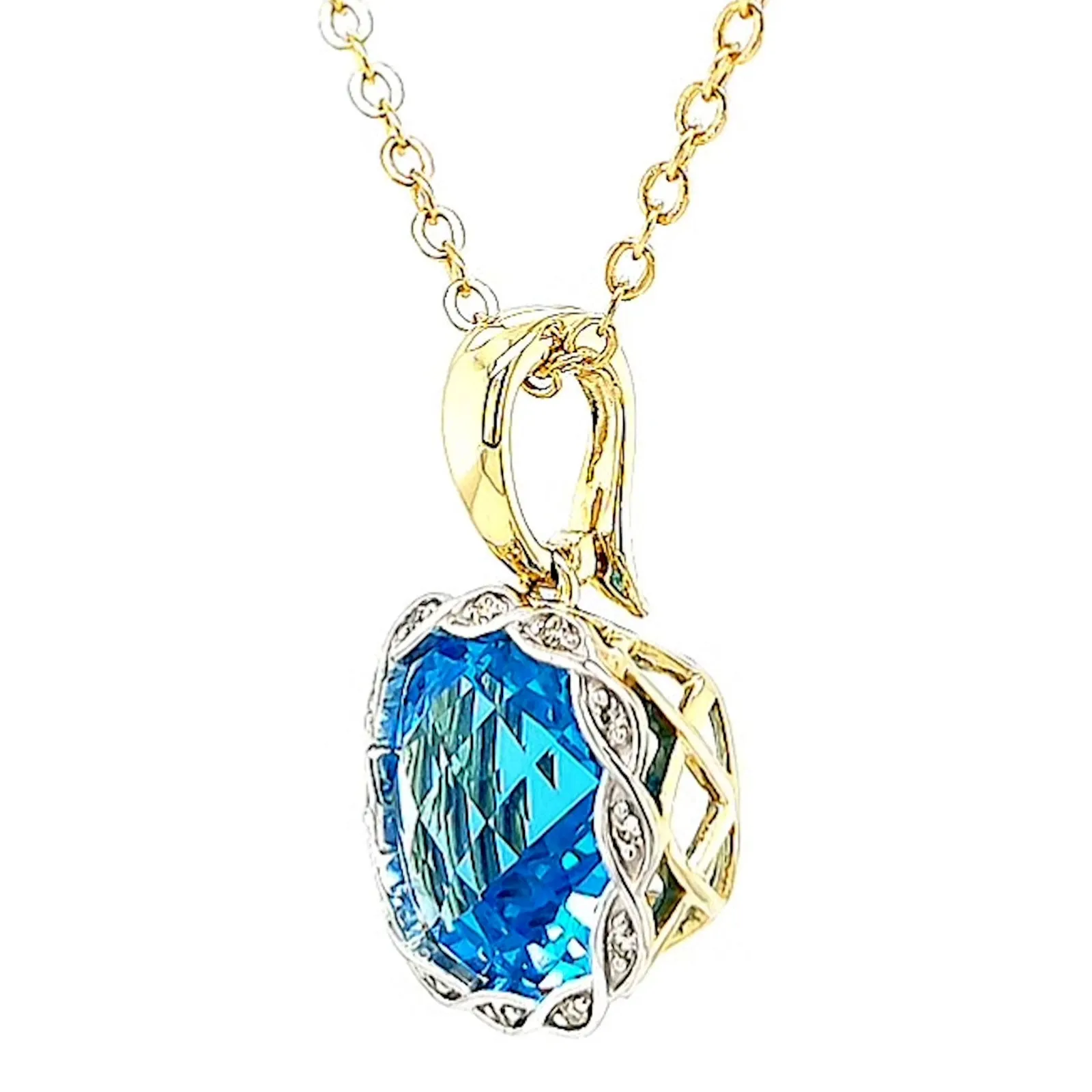 9ct Two Tone Gold Cushion & Round Brilliant Cut Blue Topaz & Diamond Set Pendant