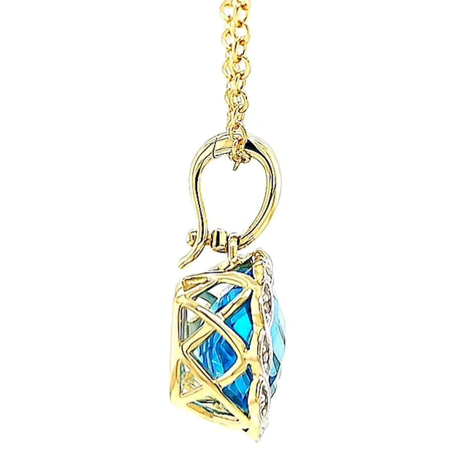 9ct Two Tone Gold Cushion & Round Brilliant Cut Blue Topaz & Diamond Set Pendant