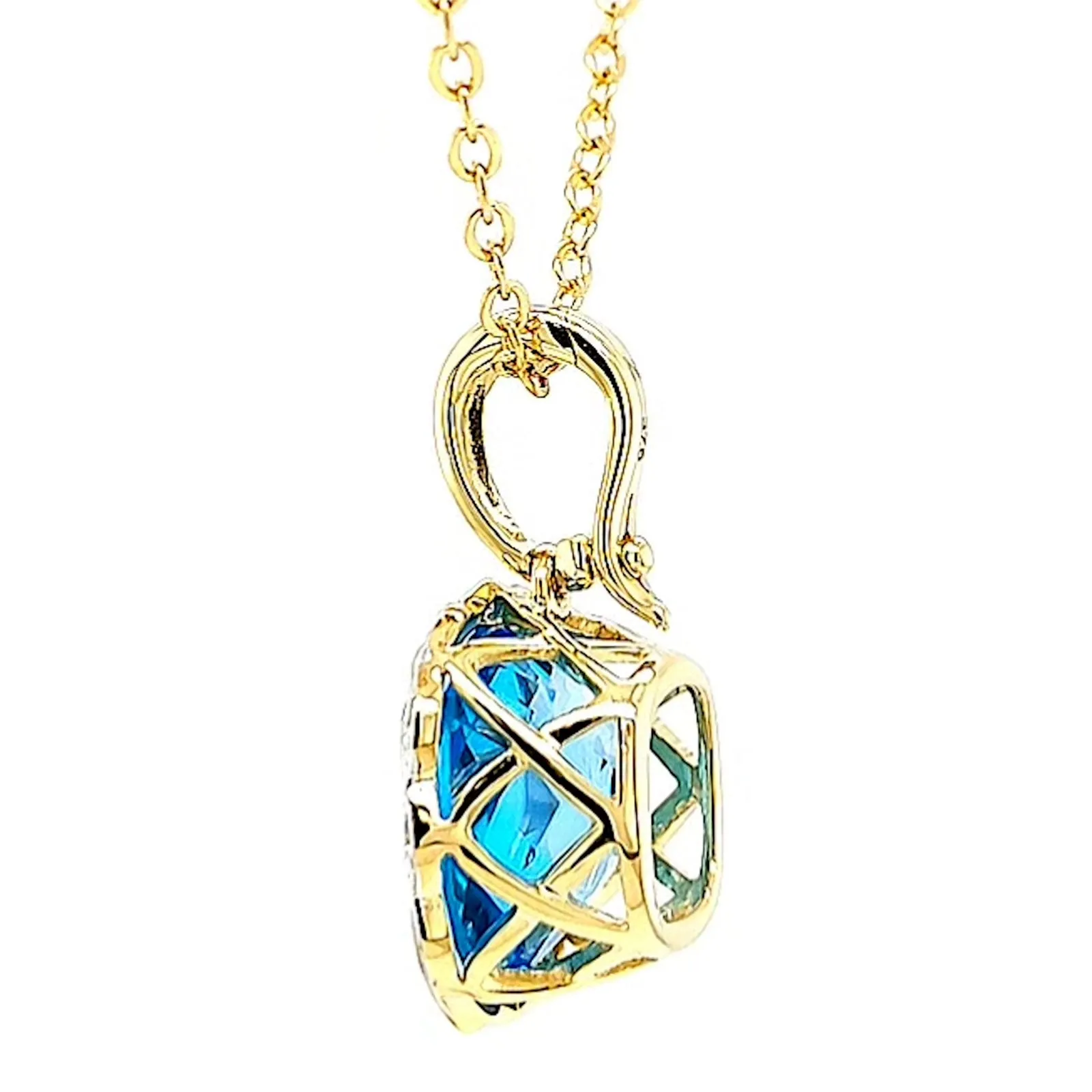 9ct Two Tone Gold Cushion & Round Brilliant Cut Blue Topaz & Diamond Set Pendant