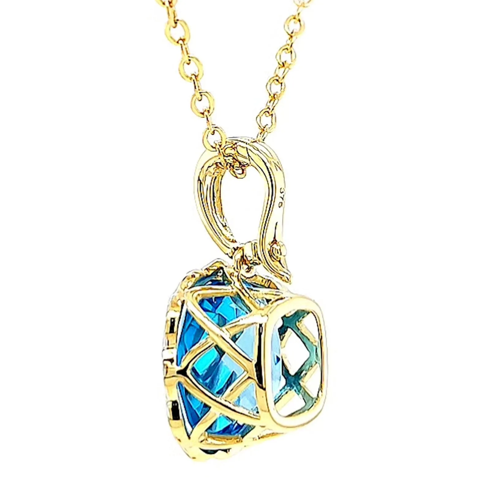 9ct Two Tone Gold Cushion & Round Brilliant Cut Blue Topaz & Diamond Set Pendant