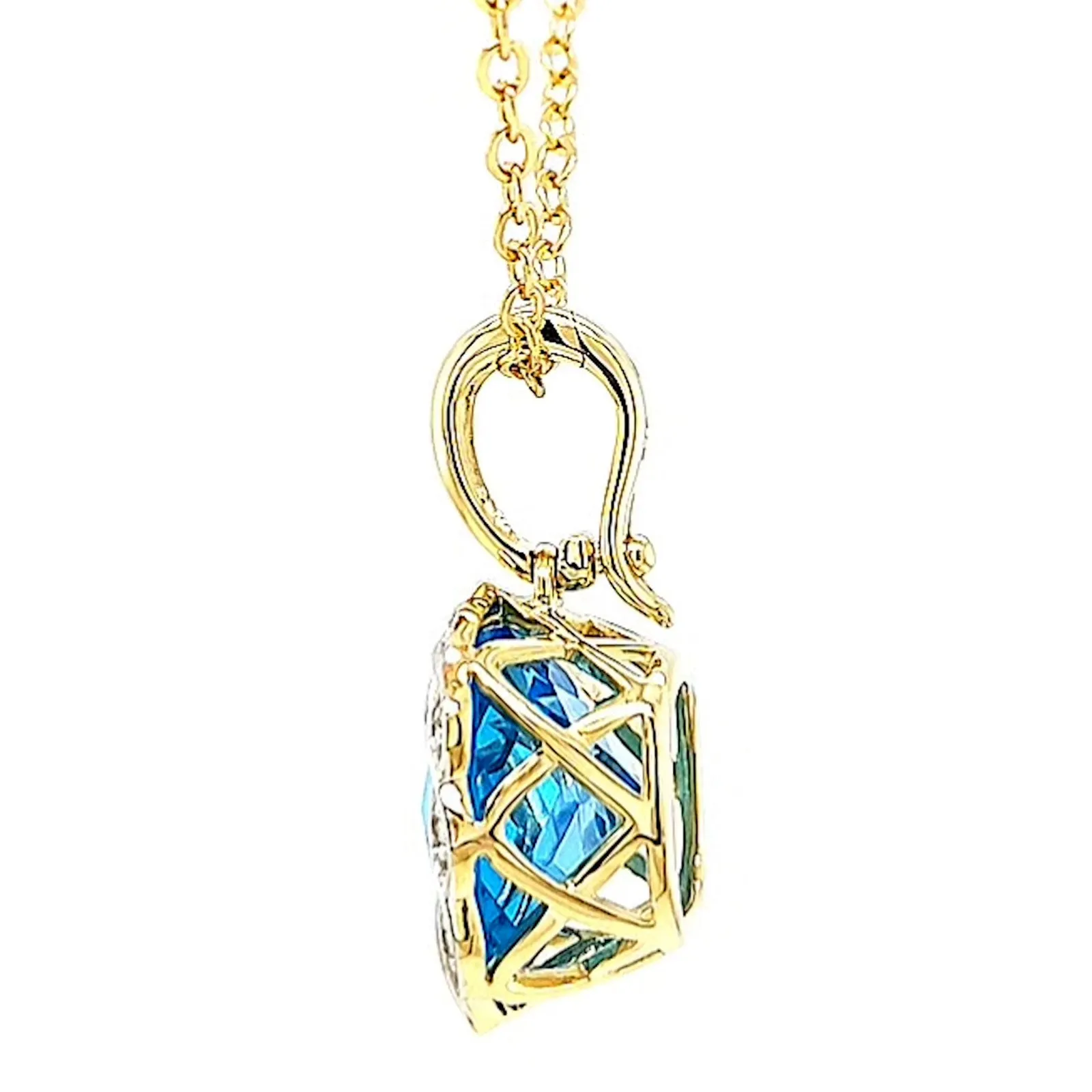 9ct Two Tone Gold Cushion & Round Brilliant Cut Blue Topaz & Diamond Set Pendant