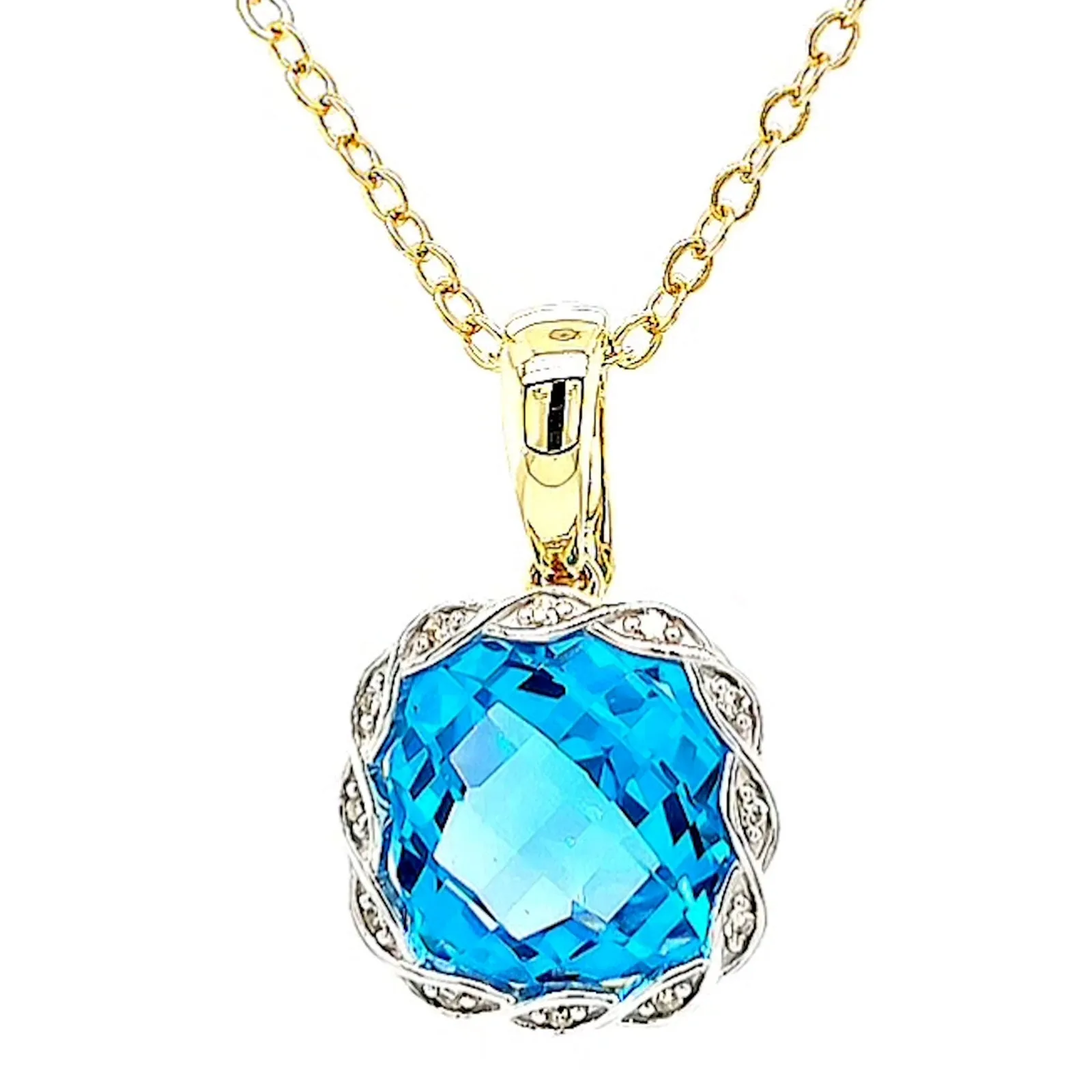 9ct Two Tone Gold Cushion & Round Brilliant Cut Blue Topaz & Diamond Set Pendant