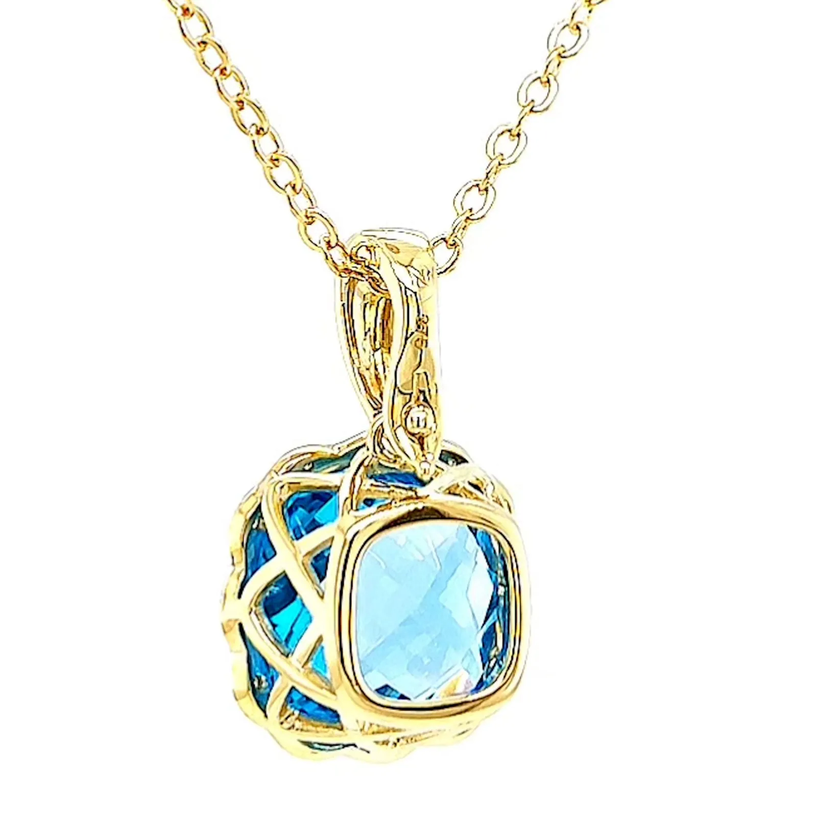 9ct Two Tone Gold Cushion & Round Brilliant Cut Blue Topaz & Diamond Set Pendant