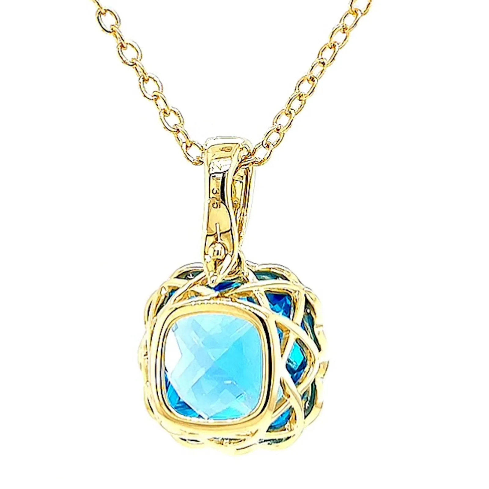 9ct Two Tone Gold Cushion & Round Brilliant Cut Blue Topaz & Diamond Set Pendant