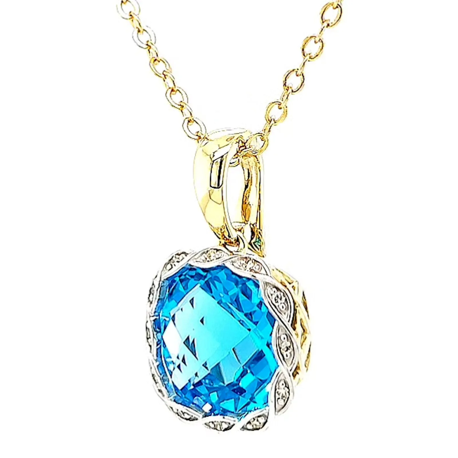 9ct Two Tone Gold Cushion & Round Brilliant Cut Blue Topaz & Diamond Set Pendant