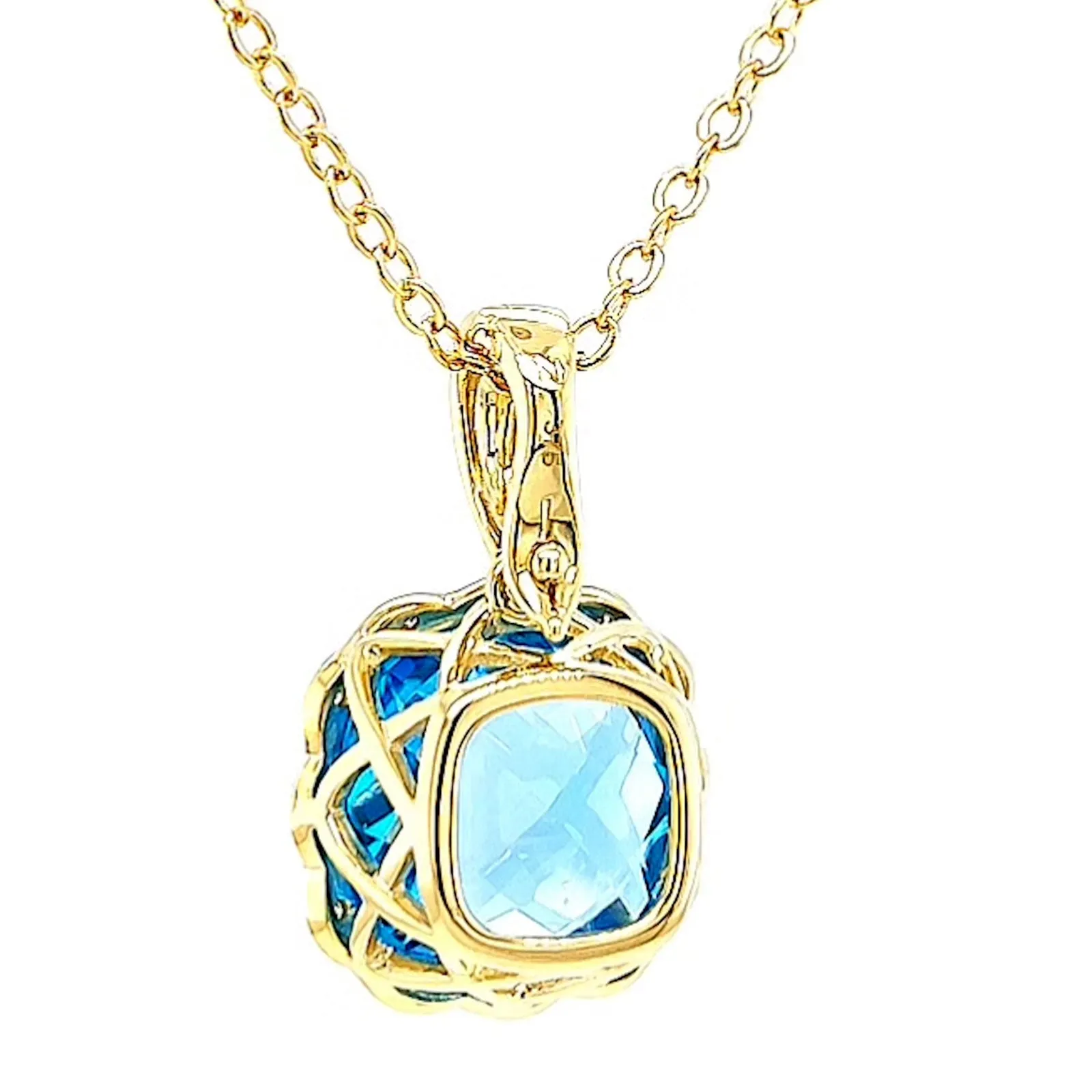 9ct Two Tone Gold Cushion & Round Brilliant Cut Blue Topaz & Diamond Set Pendant