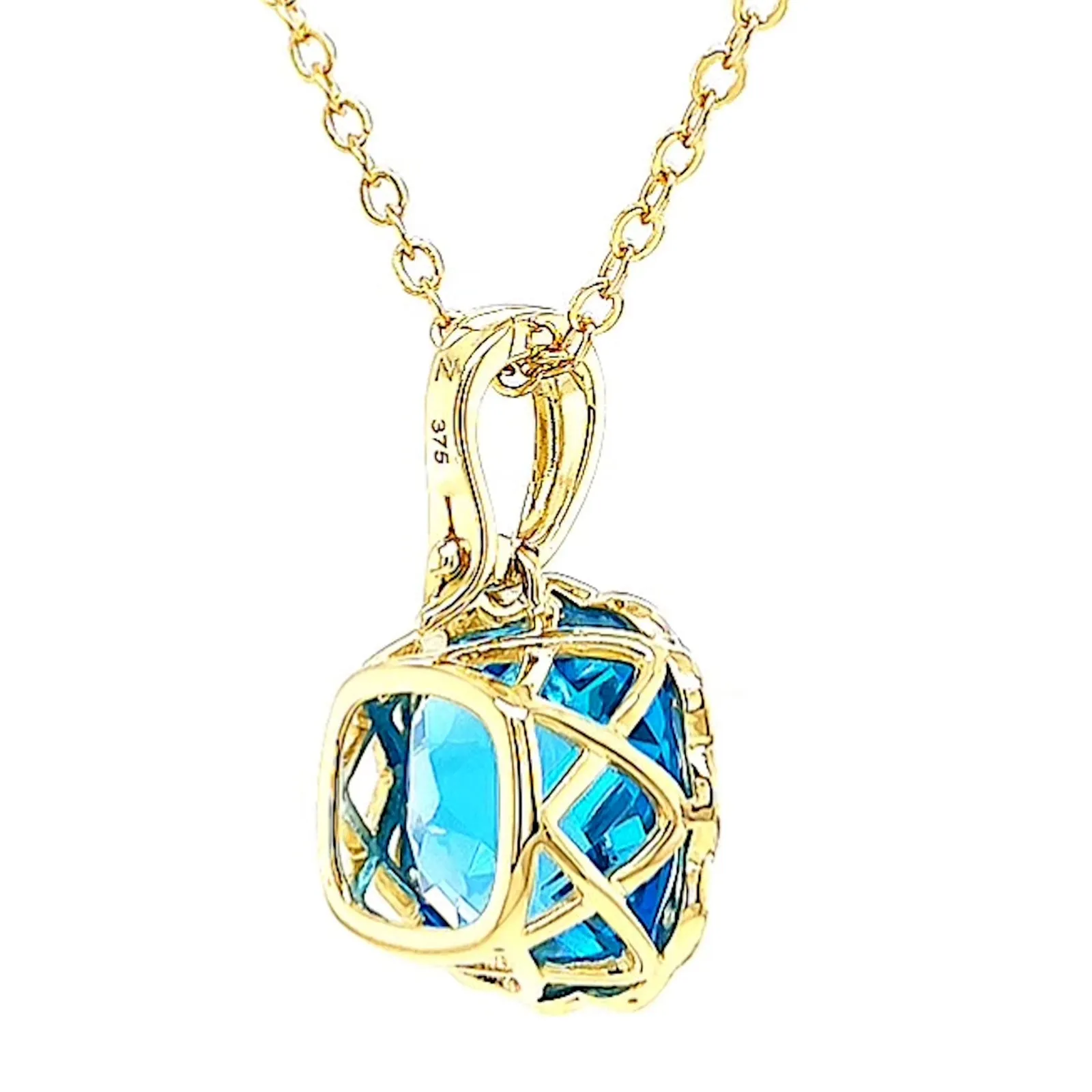 9ct Two Tone Gold Cushion & Round Brilliant Cut Blue Topaz & Diamond Set Pendant