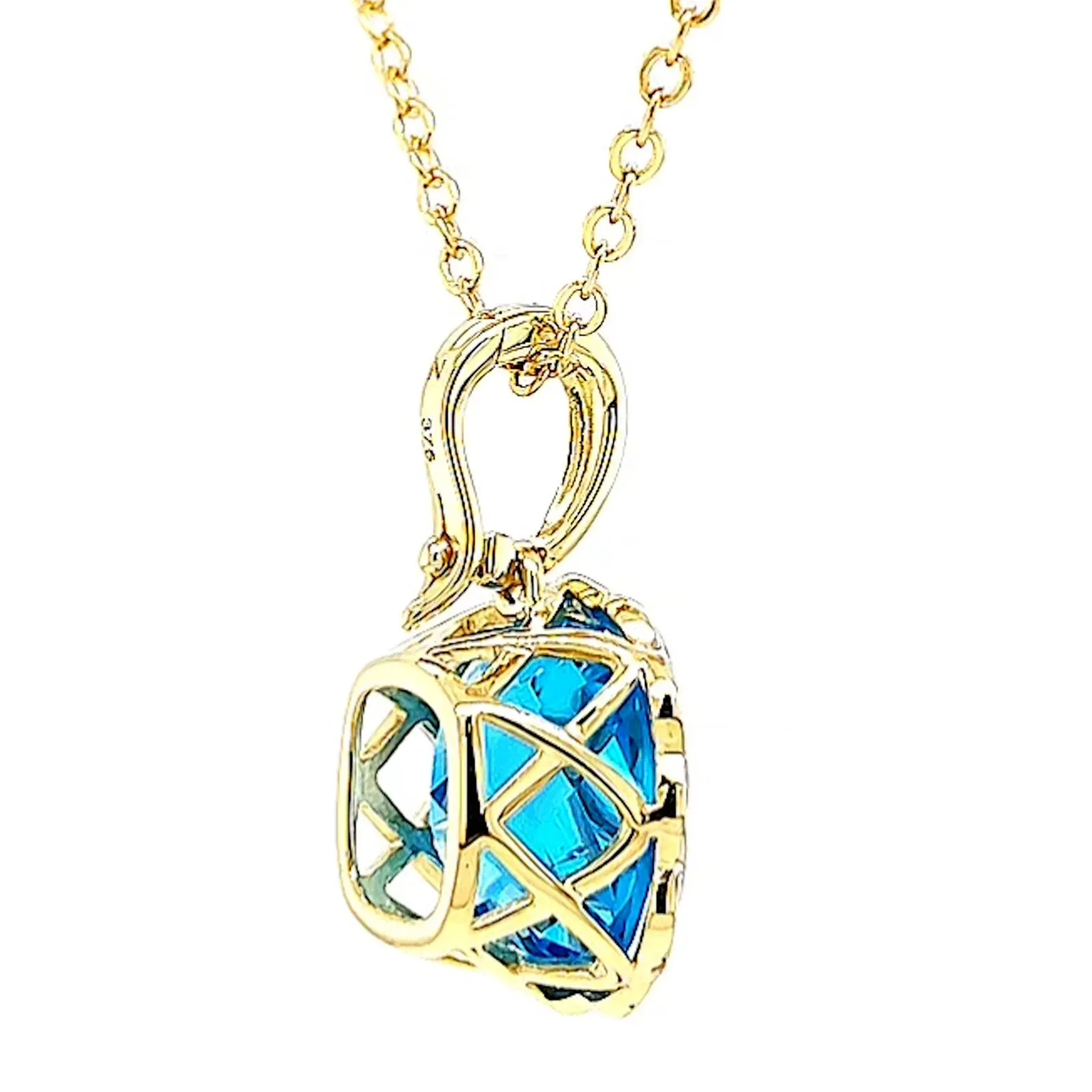 9ct Two Tone Gold Cushion & Round Brilliant Cut Blue Topaz & Diamond Set Pendant