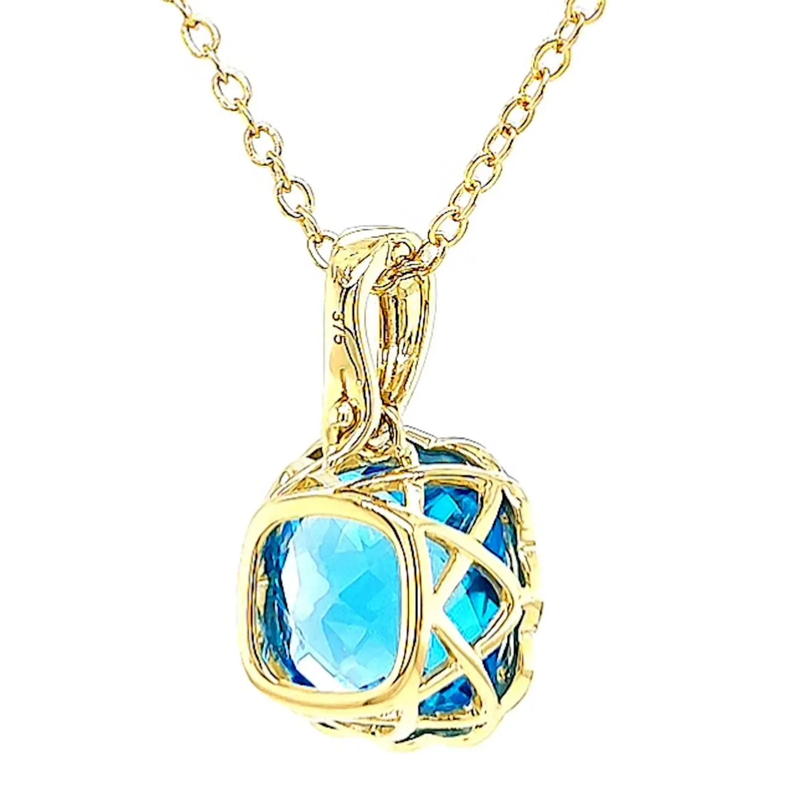 9ct Two Tone Gold Cushion & Round Brilliant Cut Blue Topaz & Diamond Set Pendant