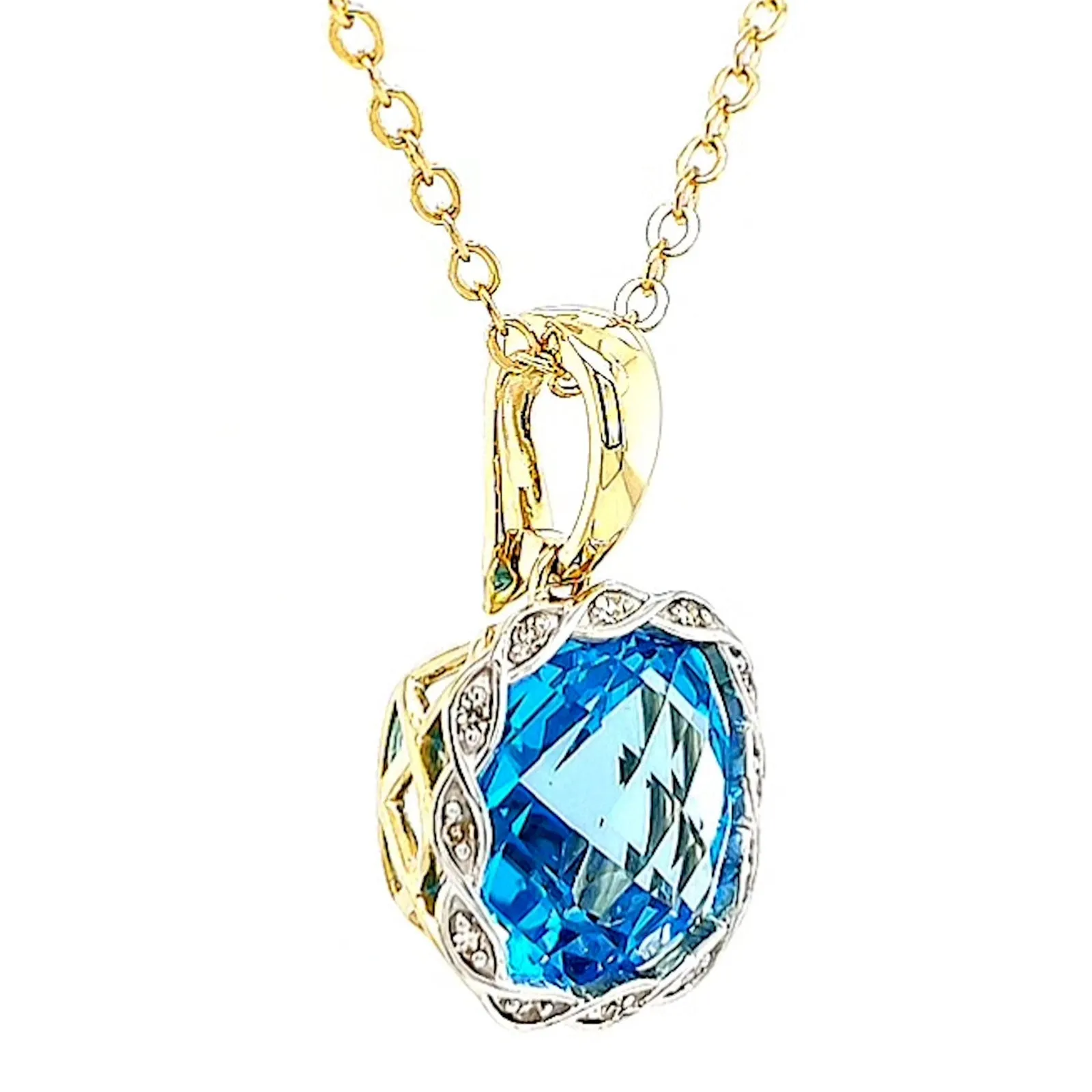 9ct Two Tone Gold Cushion & Round Brilliant Cut Blue Topaz & Diamond Set Pendant