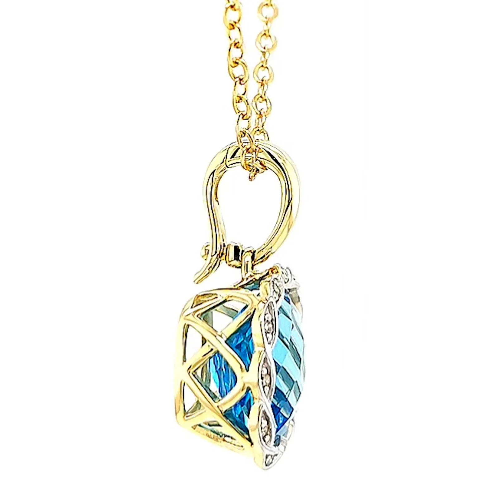 9ct Two Tone Gold Cushion & Round Brilliant Cut Blue Topaz & Diamond Set Pendant