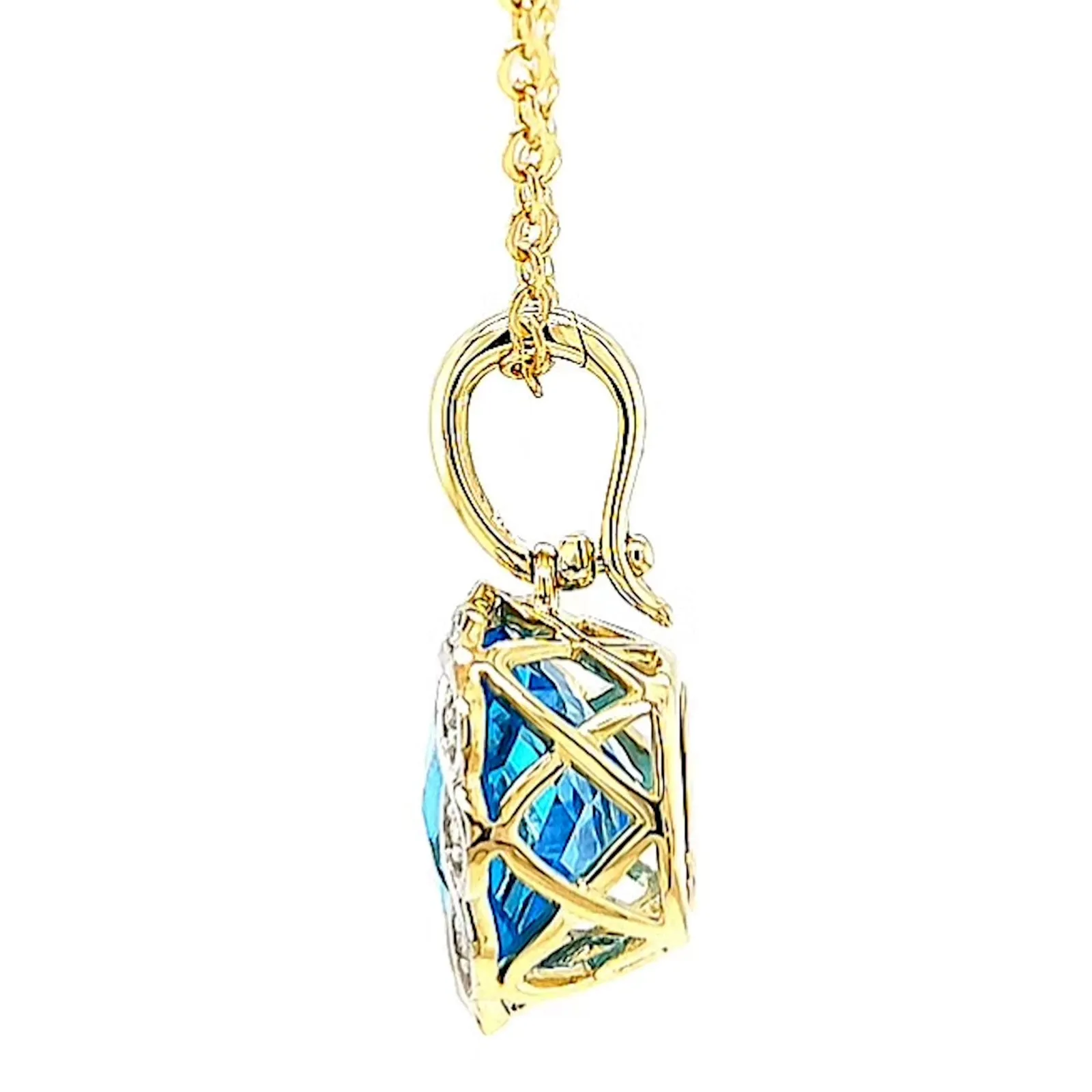 9ct Two Tone Gold Cushion & Round Brilliant Cut Blue Topaz & Diamond Set Pendant