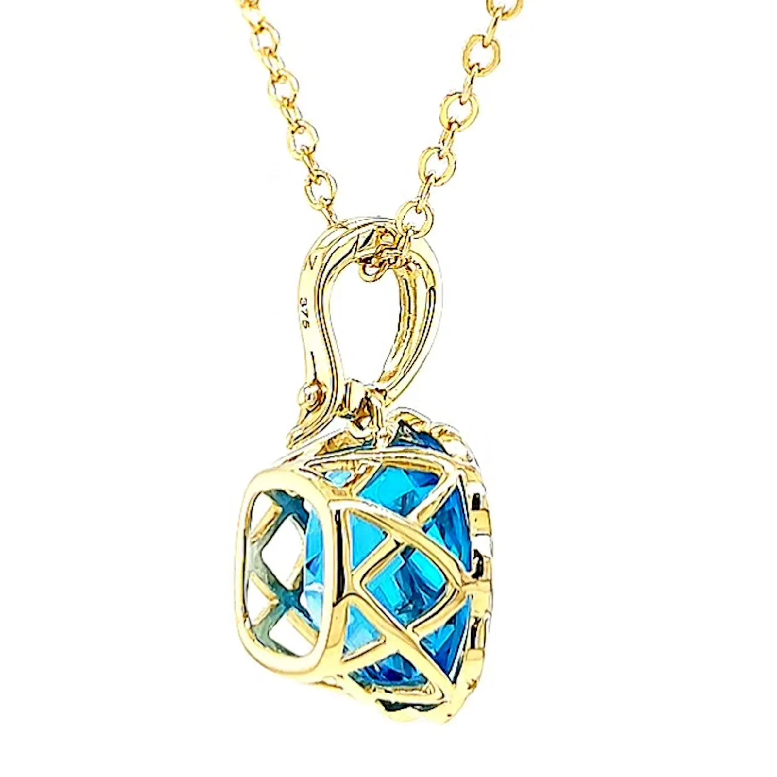 9ct Two Tone Gold Cushion & Round Brilliant Cut Blue Topaz & Diamond Set Pendant