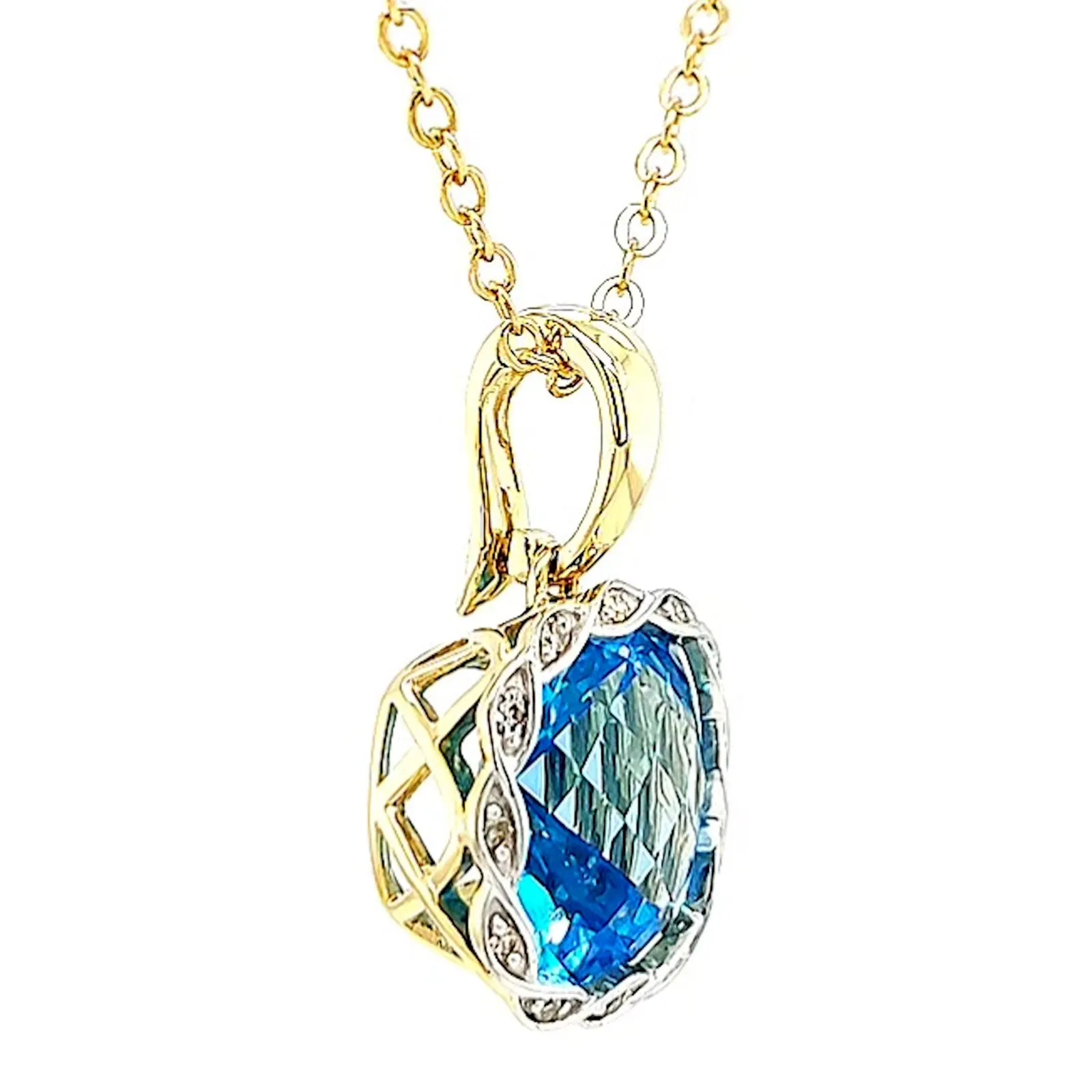 9ct Two Tone Gold Cushion & Round Brilliant Cut Blue Topaz & Diamond Set Pendant