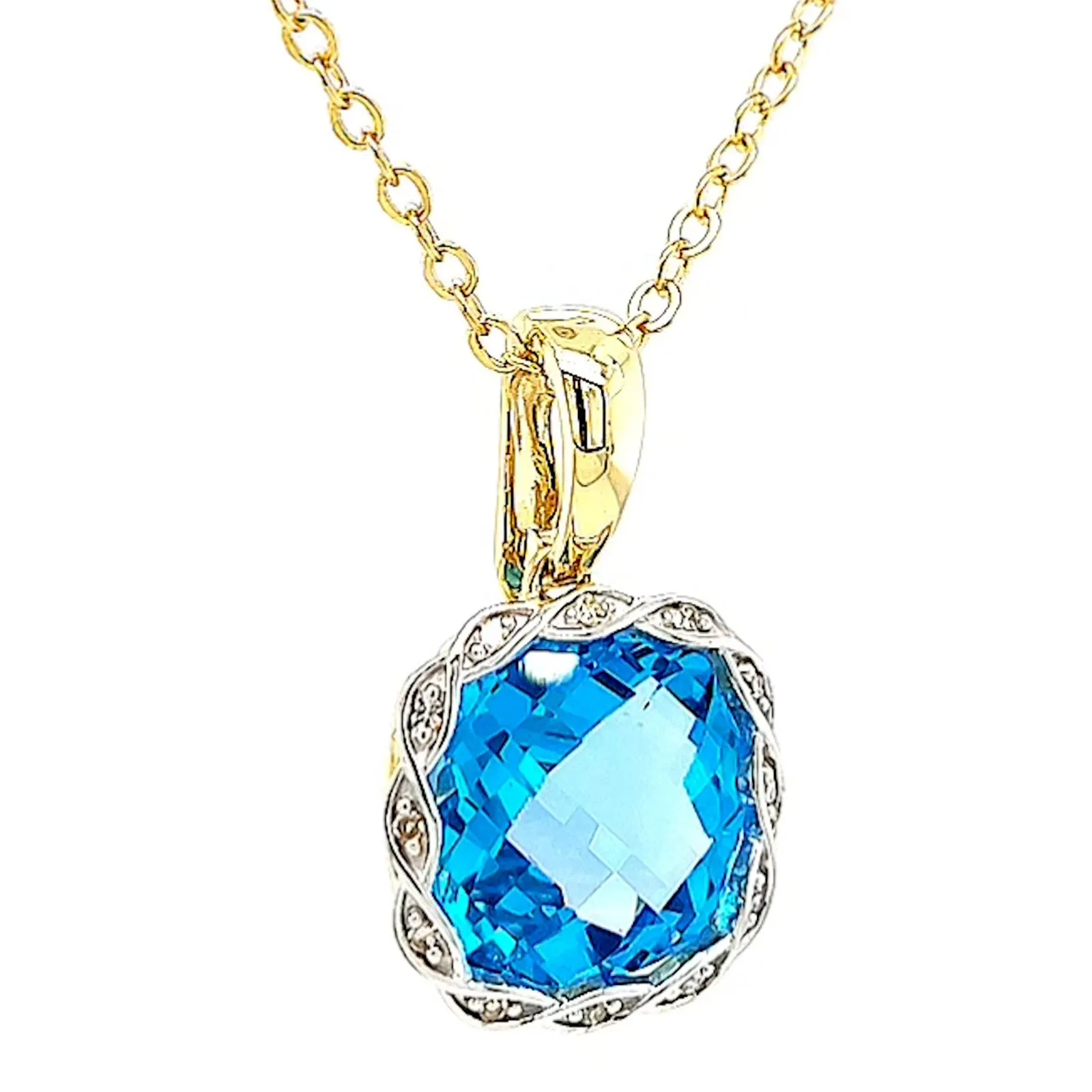 9ct Two Tone Gold Cushion & Round Brilliant Cut Blue Topaz & Diamond Set Pendant