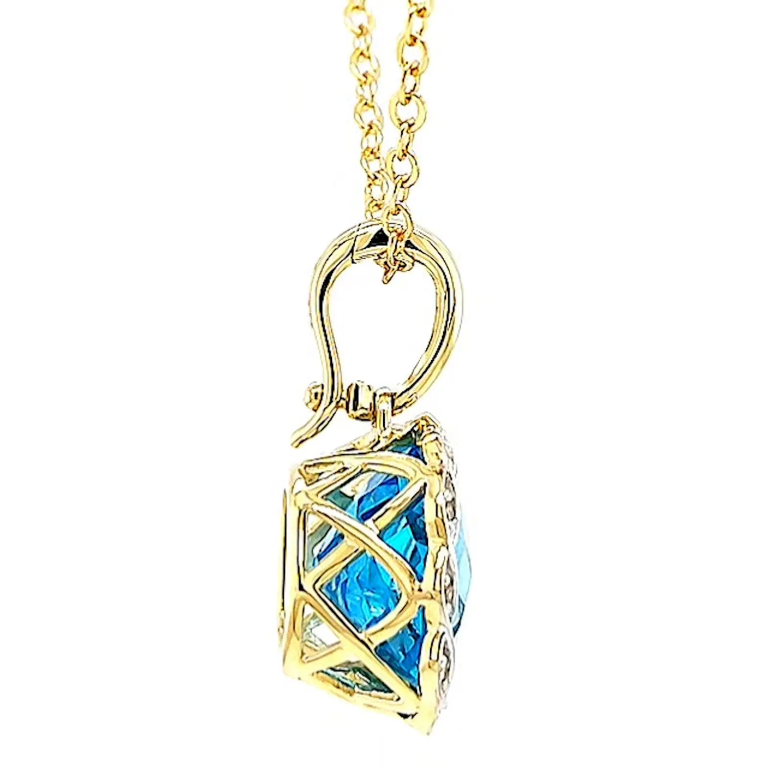 9ct Two Tone Gold Cushion & Round Brilliant Cut Blue Topaz & Diamond Set Pendant